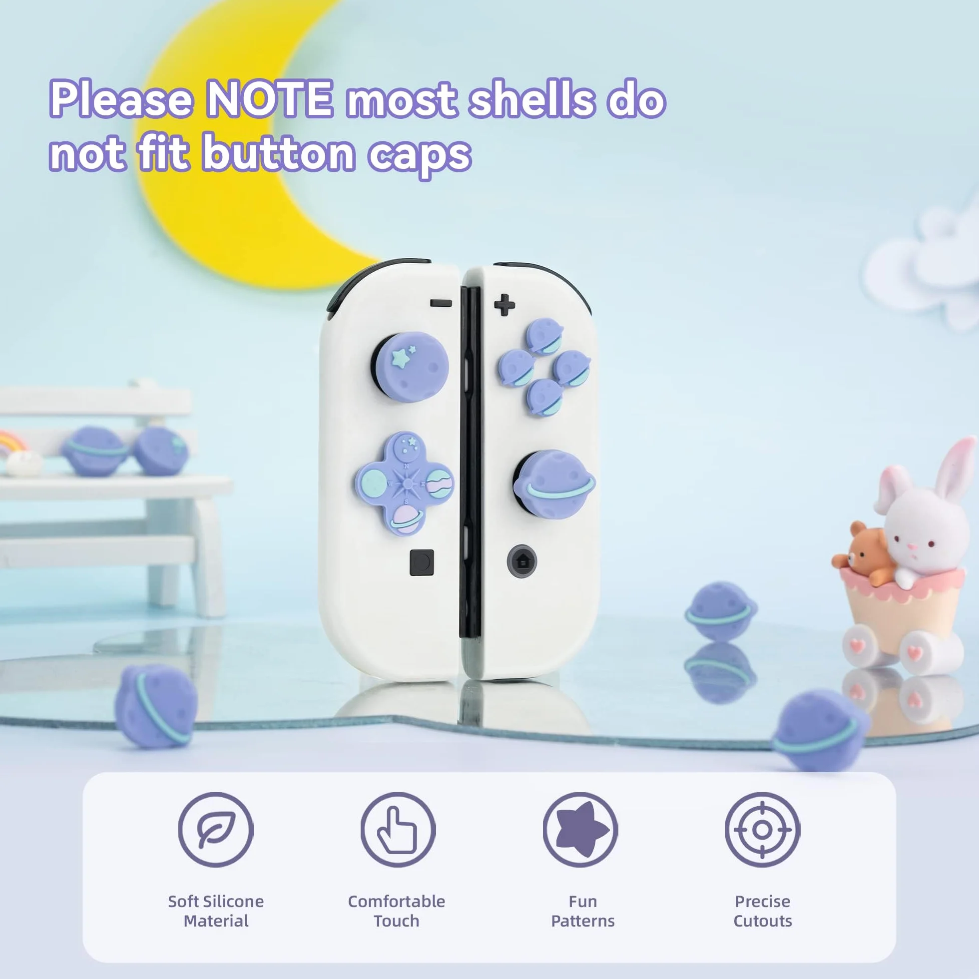 GeekShare Cute Cross D-Pad Button Caps Silicone Thumb Grips Set, ABXY Key Buttons Sticker Joystick Cover Caps Compatible with Switch/OLED - Happy Planet