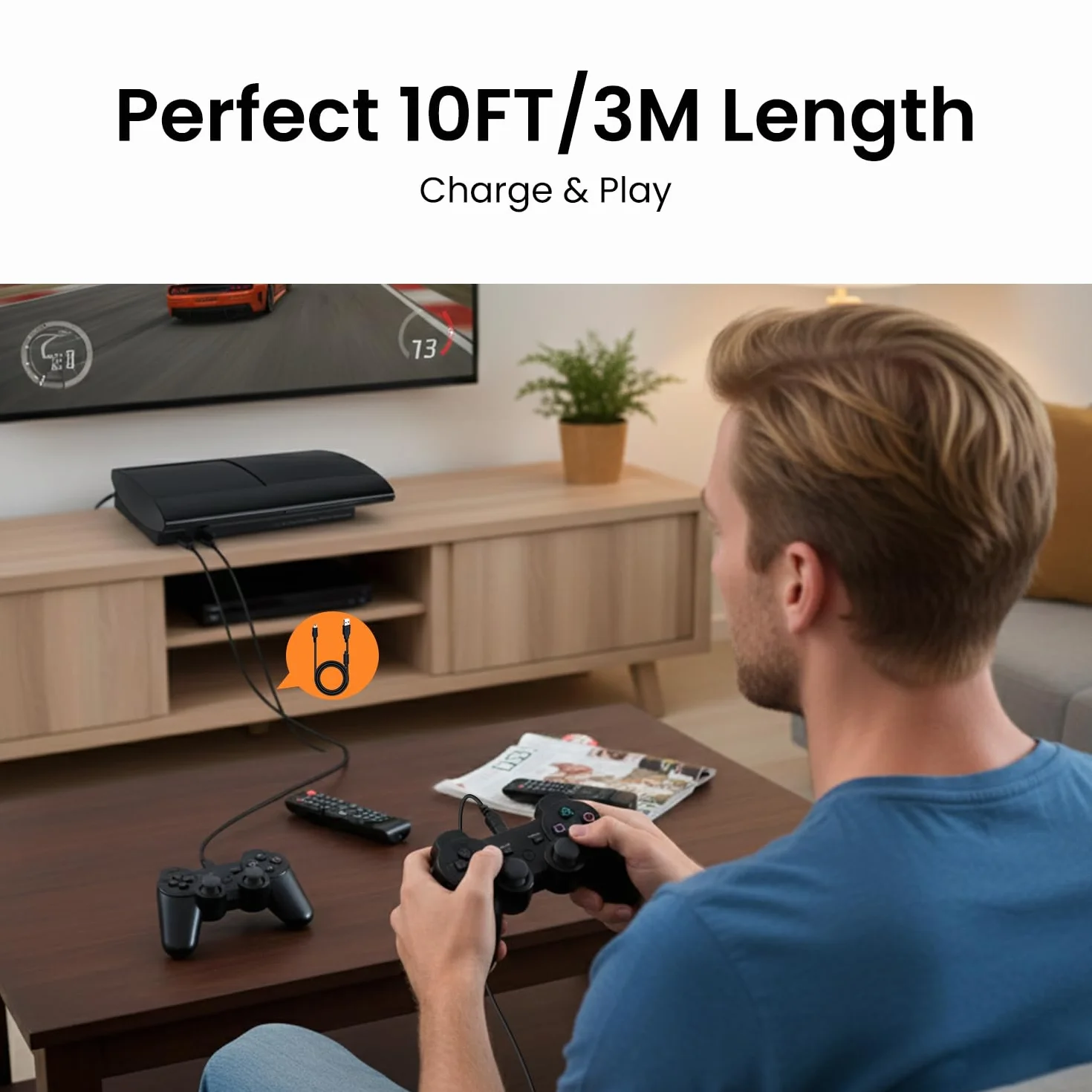 PS3 kabel do ładowania (3 m, 2 szt.), wtyczka typu A na mini kabel USB do ładowania, kompatybilny z kontrolerem Sony PS3 / PS3 Slim/Dualshock 3, Hero 3+, aparat cyfrowy, kamera na deskę rozdzielczą