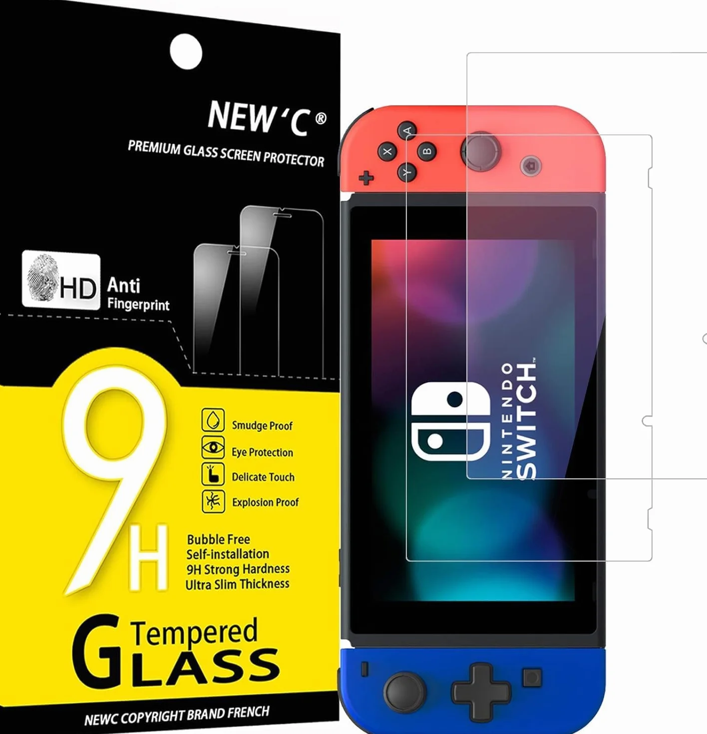 NEW'C 2 sztuki Szkło dla Nintendo Switch Hartowane i Folia Ochronna Ochraniacz Ekranu - Bez pęcherzyków powietrza, odporność na zarysowania