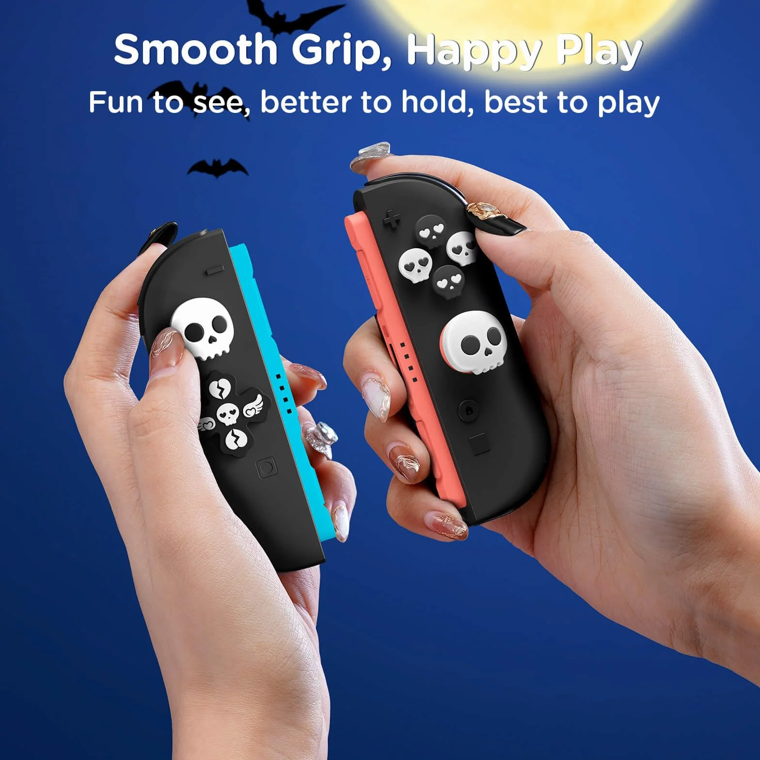 JEMDO Kształtki do joysticka Kompatybilne z Nintendo Switch 2 (2025) – zestaw 7 sztuk Skull Thumb Grips z silikonu, antypoślizgowe kształtki na smycz, przeznaczone do sterowania Joy-Con, kolor czarny