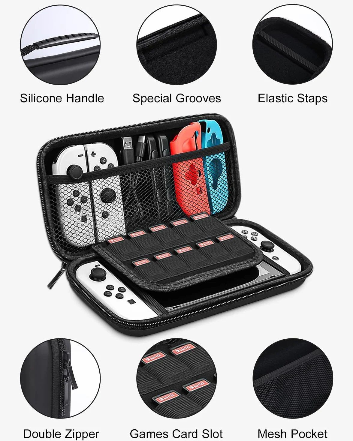 Etui kompatybilne z Nintendo Switch konsolą , Switch OLED, twarde etui na Switch, torba ochronna na konsolę Switch, 10 gier i inne akcesoria - czarne