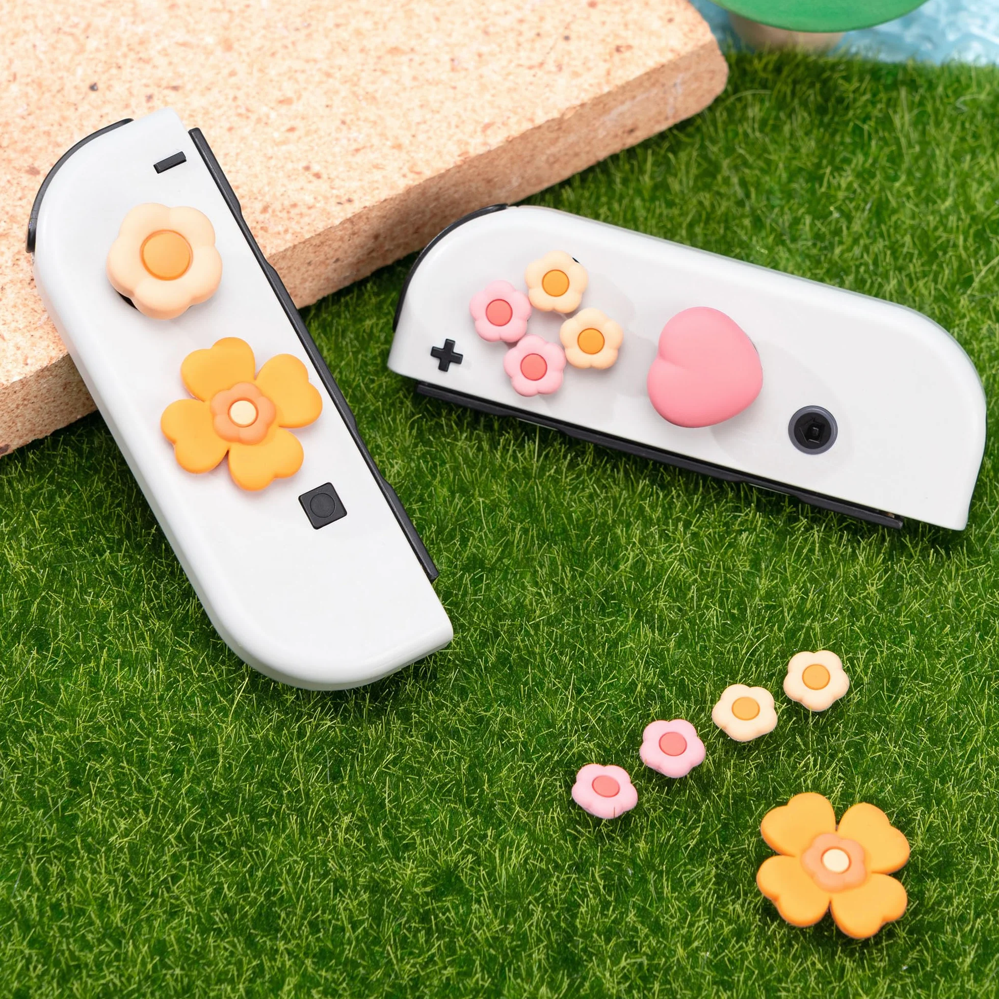 GeekShare Pink Cross D-Pad Button Caps Silicone Thumb Grips Sets, ABXY Key Buttons Sticker Joystick Cover Caps Compatible with Switch/OLED - Heart and Flower