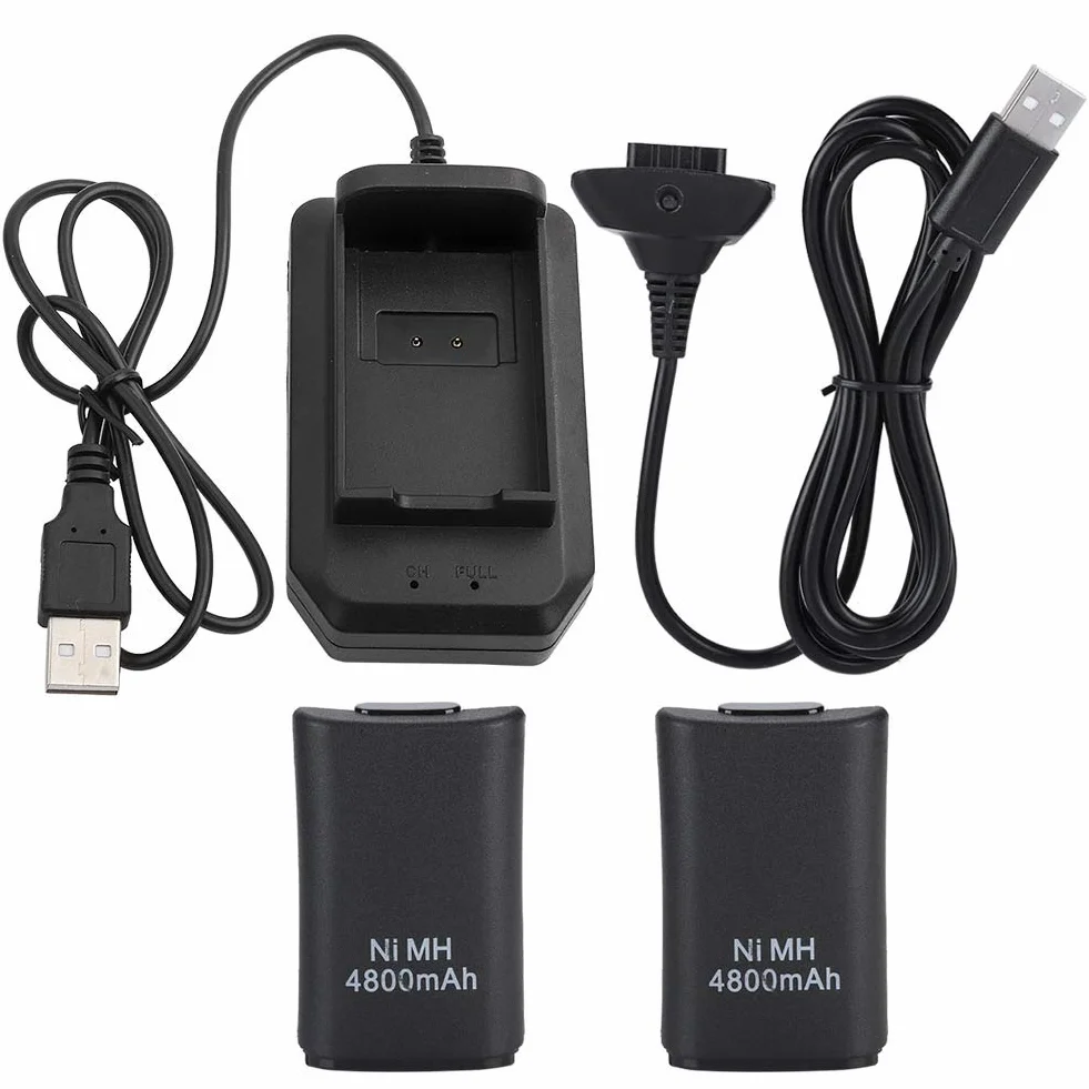 Bateria do kontrolera Xbox 360, akumulator 4800 mAh, zapasowa bateria i zestaw ładujący z kablem ładującym, podstawką ładującą do kontrolera Xbox 360 (czarny)