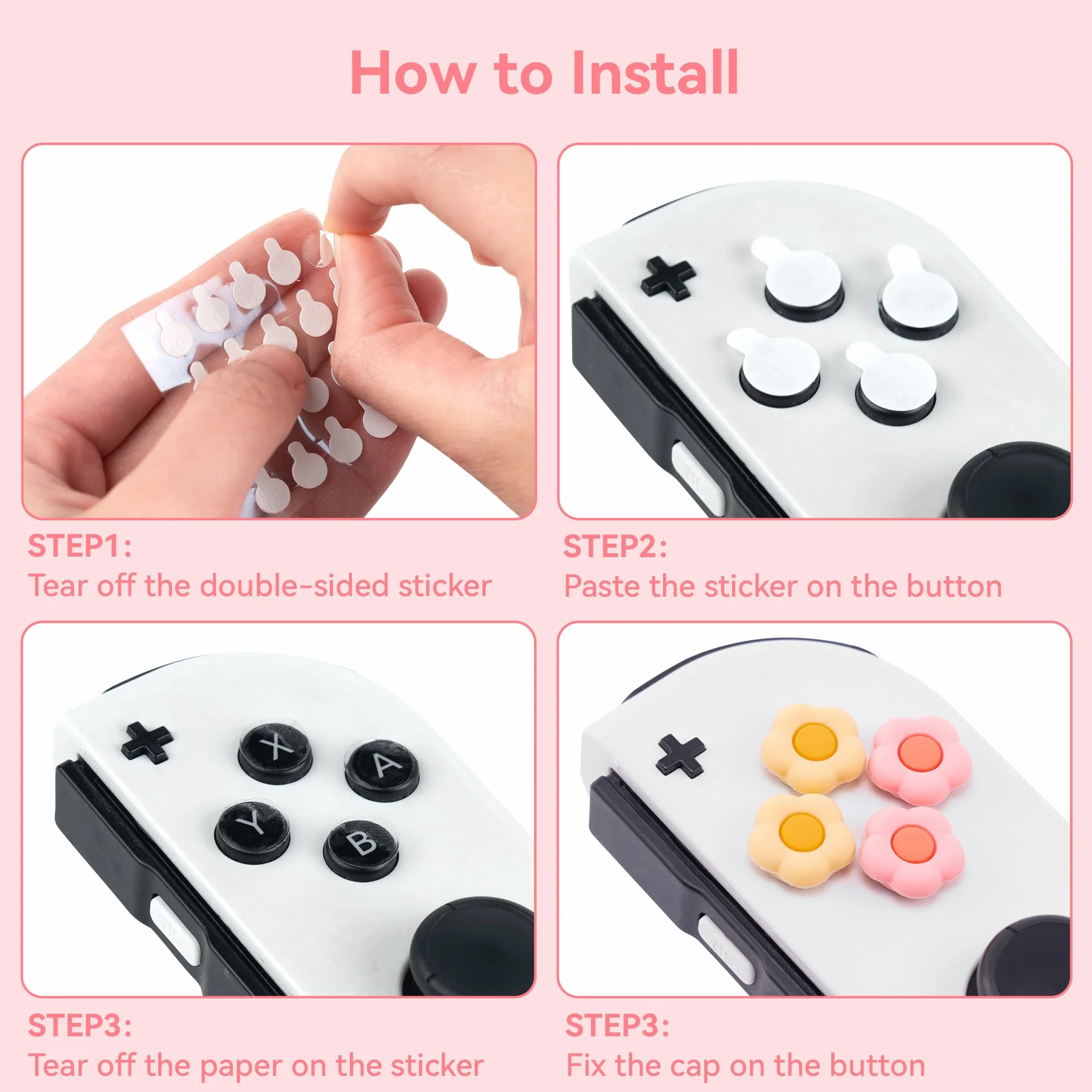 GeekShare Pink Cross D-Pad Button Caps Silicone Thumb Grips Sets, ABXY Key Buttons Sticker Joystick Cover Caps Compatible with Switch/OLED - Heart and Flower