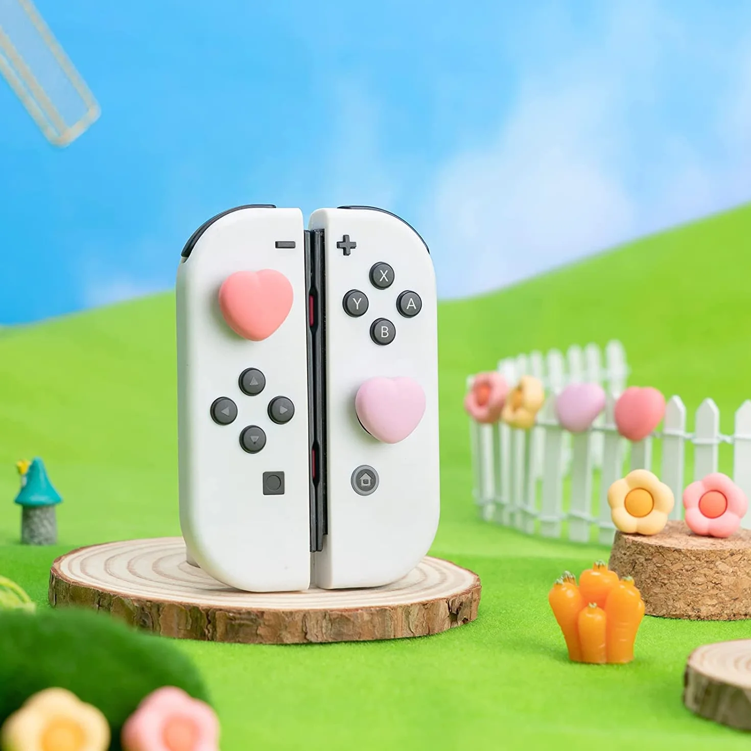 GeekShare Silikonowe nakładki na kciuki Joystick, osłona joysticka kompatybilna z Switch/OLED/Switch Lite, 4 szt. - serce i kwiat (różowy i żółty)