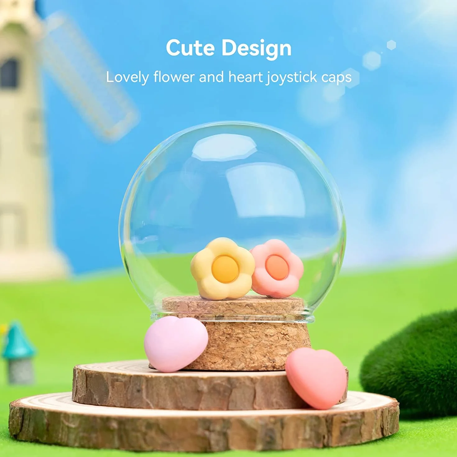 GeekShare Silikonowe nakładki na kciuki Joystick, osłona joysticka kompatybilna z Switch/OLED/Switch Lite, 4 szt. - serce i kwiat (różowy i żółty)