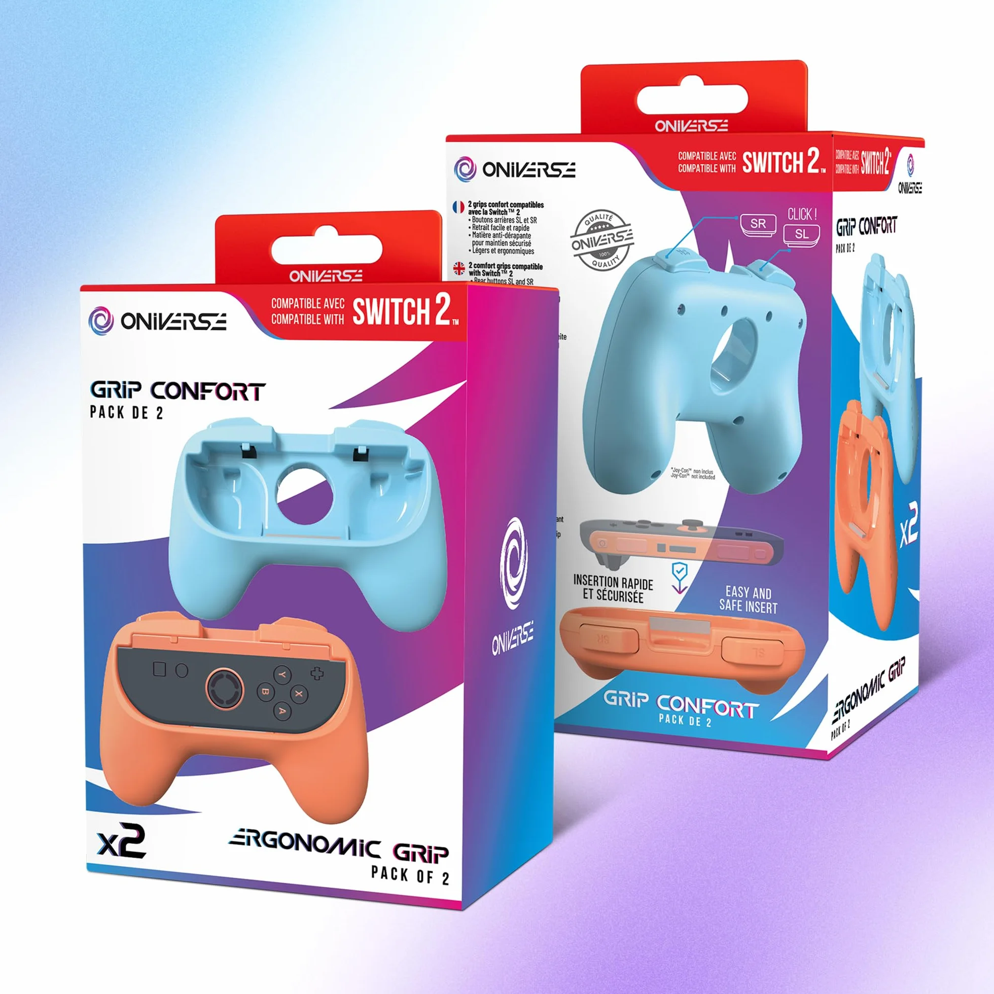 Oniverse Zestaw uchwytów kompatybilny z Nintendo Switch 2 – Zestaw 2 wygodnych gripów do Joy-Con, Akcesoria do Switch 2, ergonomiczne uchwyty, Pomarańczowy i Niebieski