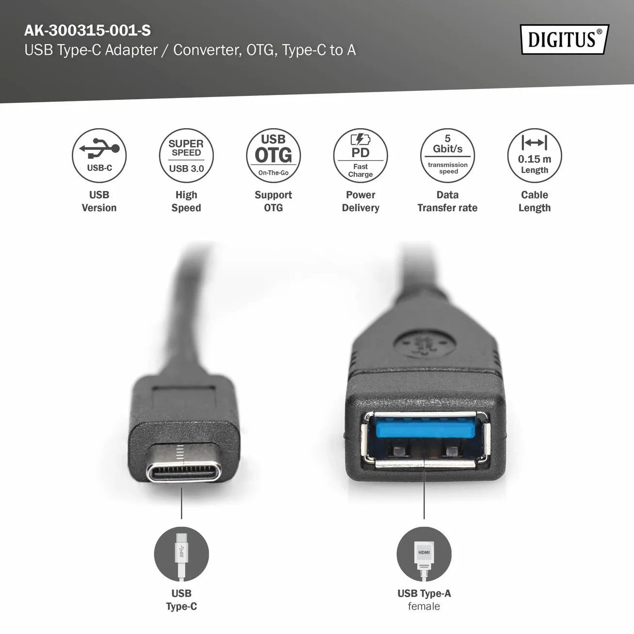DIGITUS Kabel przyłączeniowy USB 3.0-0,15 m - kabel adaptera - USB Type-C na USB typu A - OTG - Super-Speed 5 GBit/s - czarny