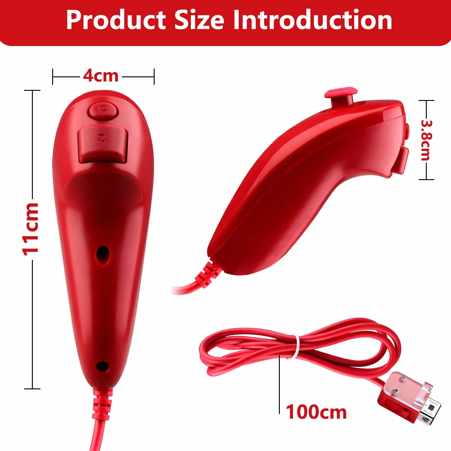 OSTENT Przewodowy Kontroler Nunchuck Oparty na Ruchu do Konsoli Nintendo Wii - Kolor Czerwony