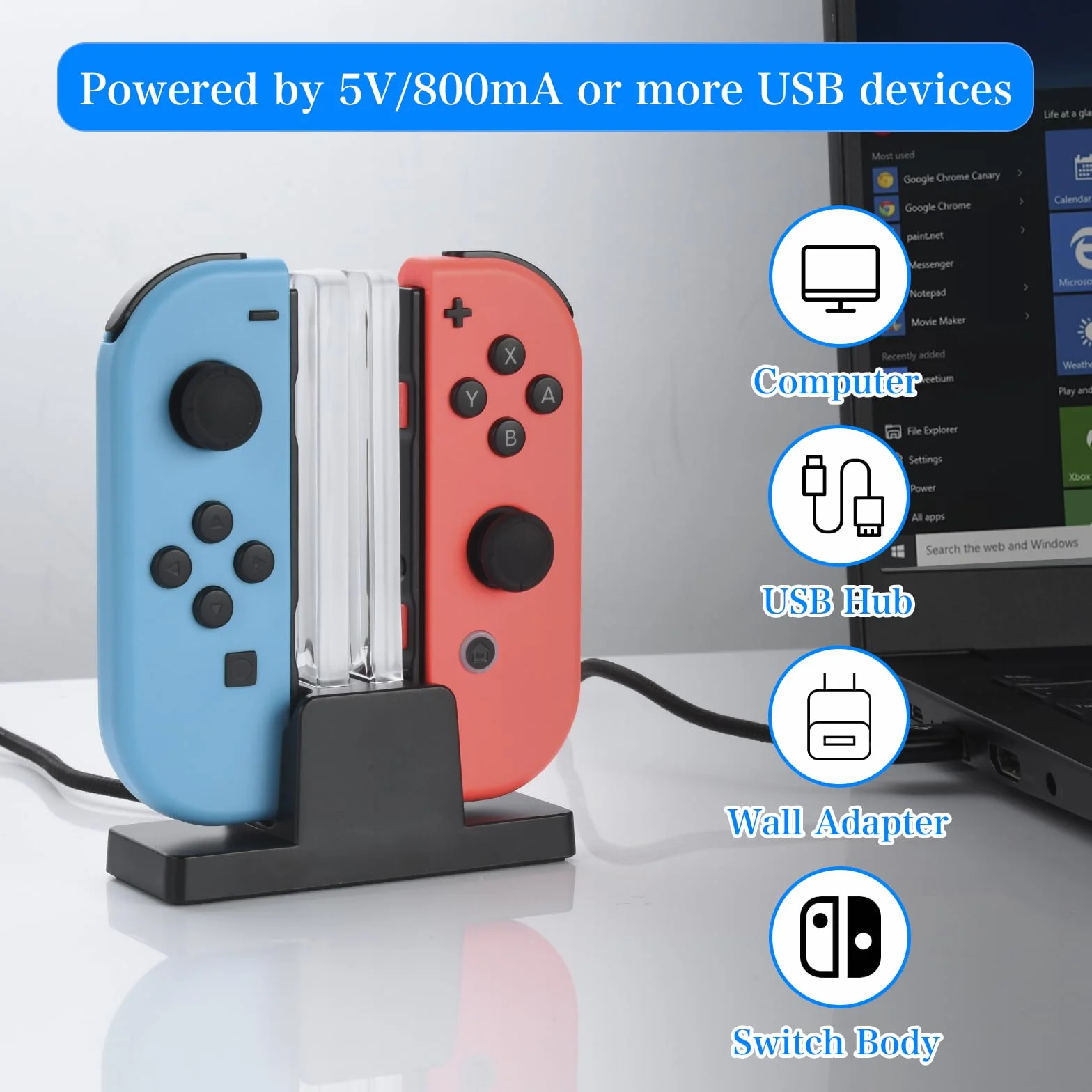 ELUTENG Stacja ładująca do kontrolera, kontrolera, stacja ładująca kompatybilna z Nintendo Switch JoyCons, Ladesta Tion ze wskaźnikiem LED i kablem USB typu C 3-3FT