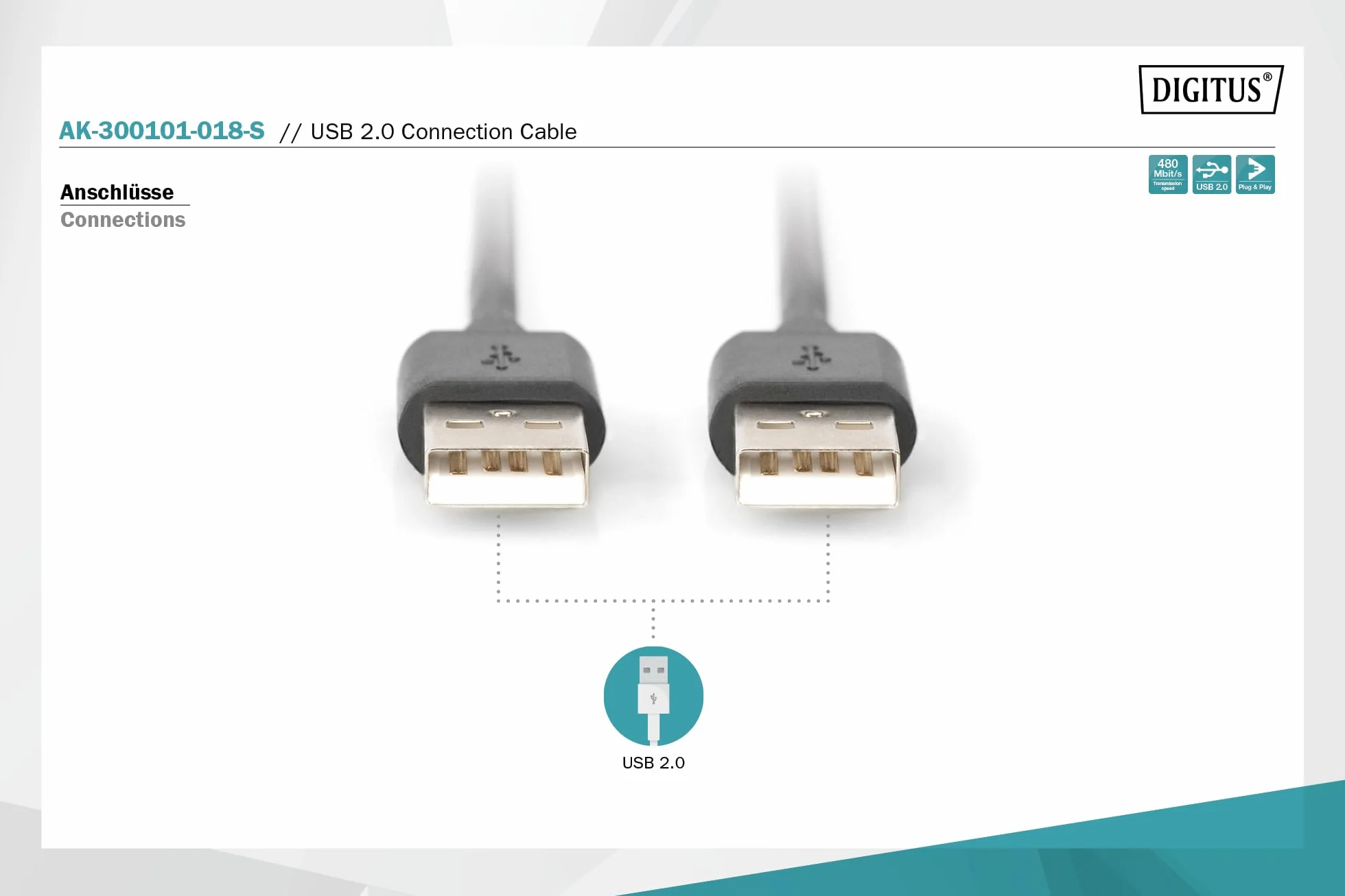 DIGITUS Kabel USB 2.0 – 1,8 m – USB-A do typu A – 480 Mb/s – do komputerów, notebooków, hubów, drukarek, zewnętrznych dysków twardych – czarny