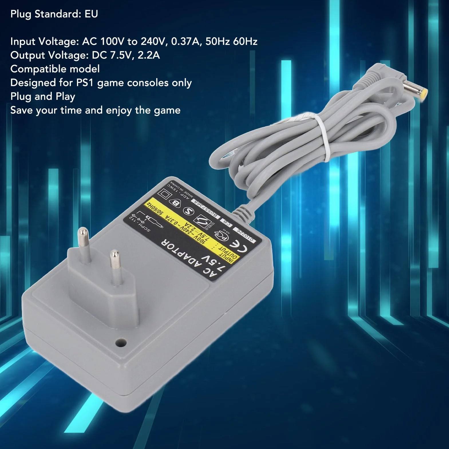 Ładowarka Zasilająca do PS1, Zasilacz Sieciowy 7,5 V Zasilacz ładowarki z Kablem ładującym, ładowarki ścienne do Konsoli PS One PS1, Wtyczka EU, 100 V do 240 V