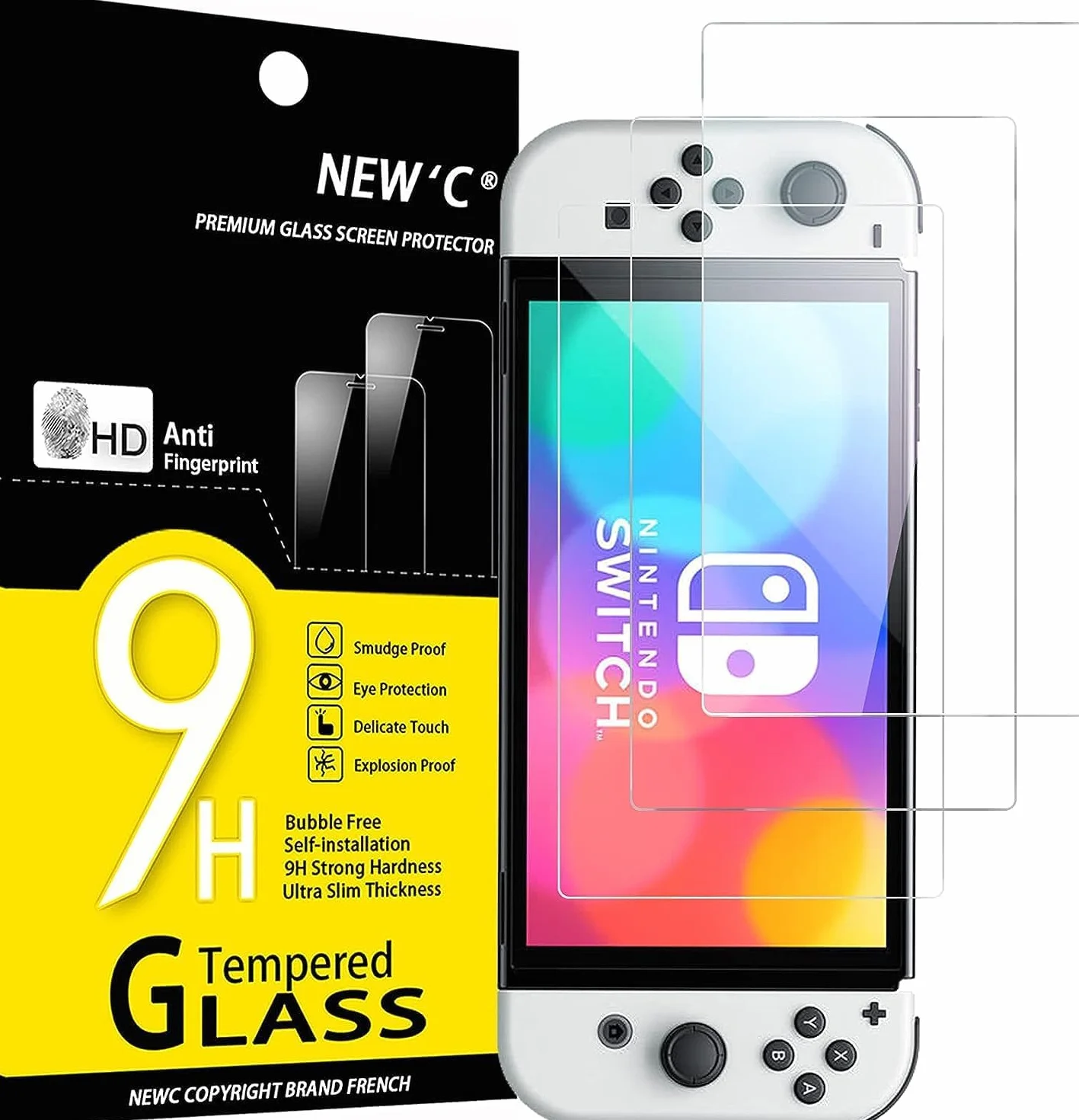NEW'C 3 Sztuki Szkło dla Nintendo Switch (model OLED) Hartowane i Folia Ochronna Ochraniacz Ekranu - Bez pęcherzyków powietrza, odporność na zarysowania