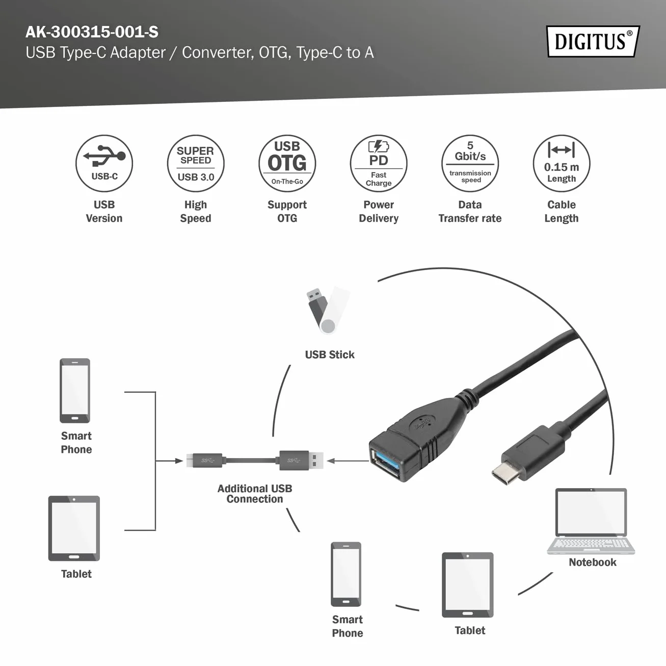 DIGITUS Kabel przyłączeniowy USB 3.0-0,15 m - kabel adaptera - USB Type-C na USB typu A - OTG - Super-Speed 5 GBit/s - czarny