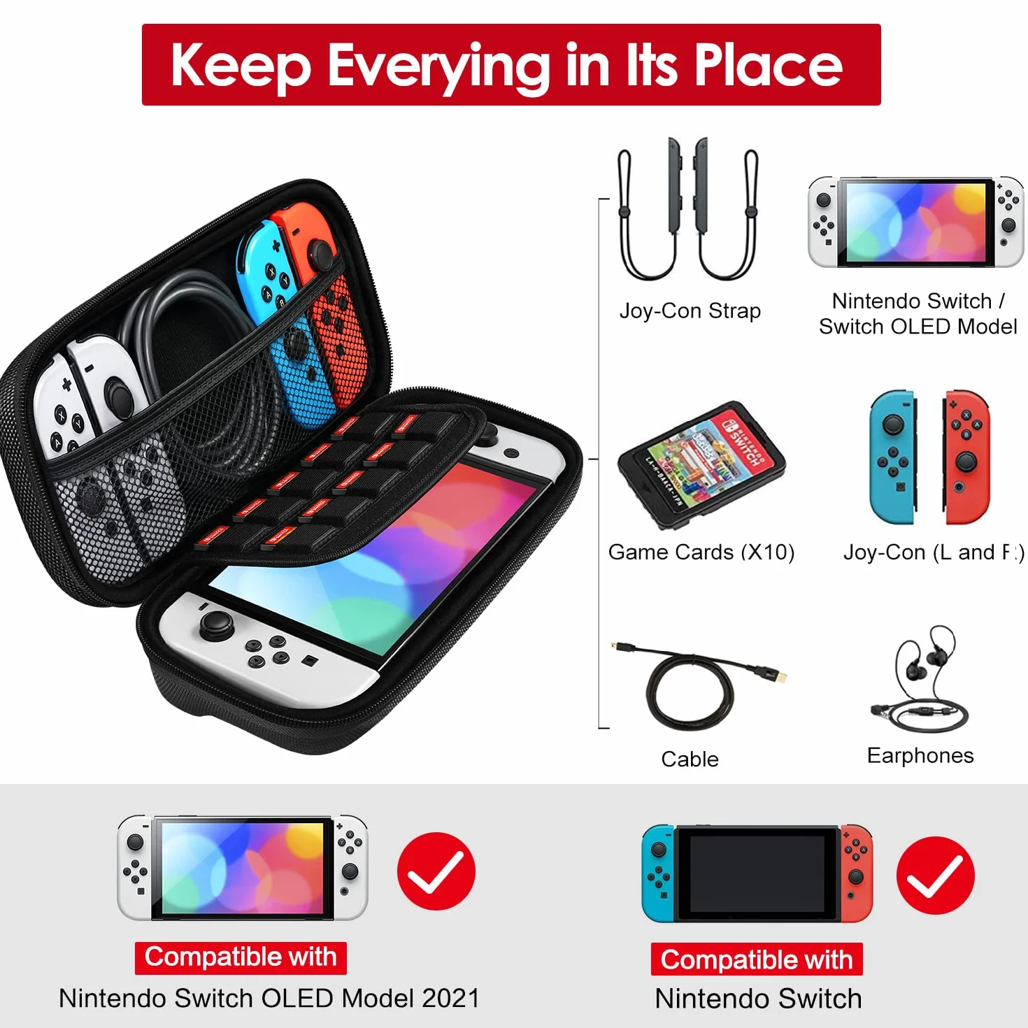 Etui ivoler na Nintendo Switch i 2 kawałki folii ochronnej, przenośny ochronny futerał z twardą skorupą z miejscem do przechowywania 20 gier i inne akcesoria