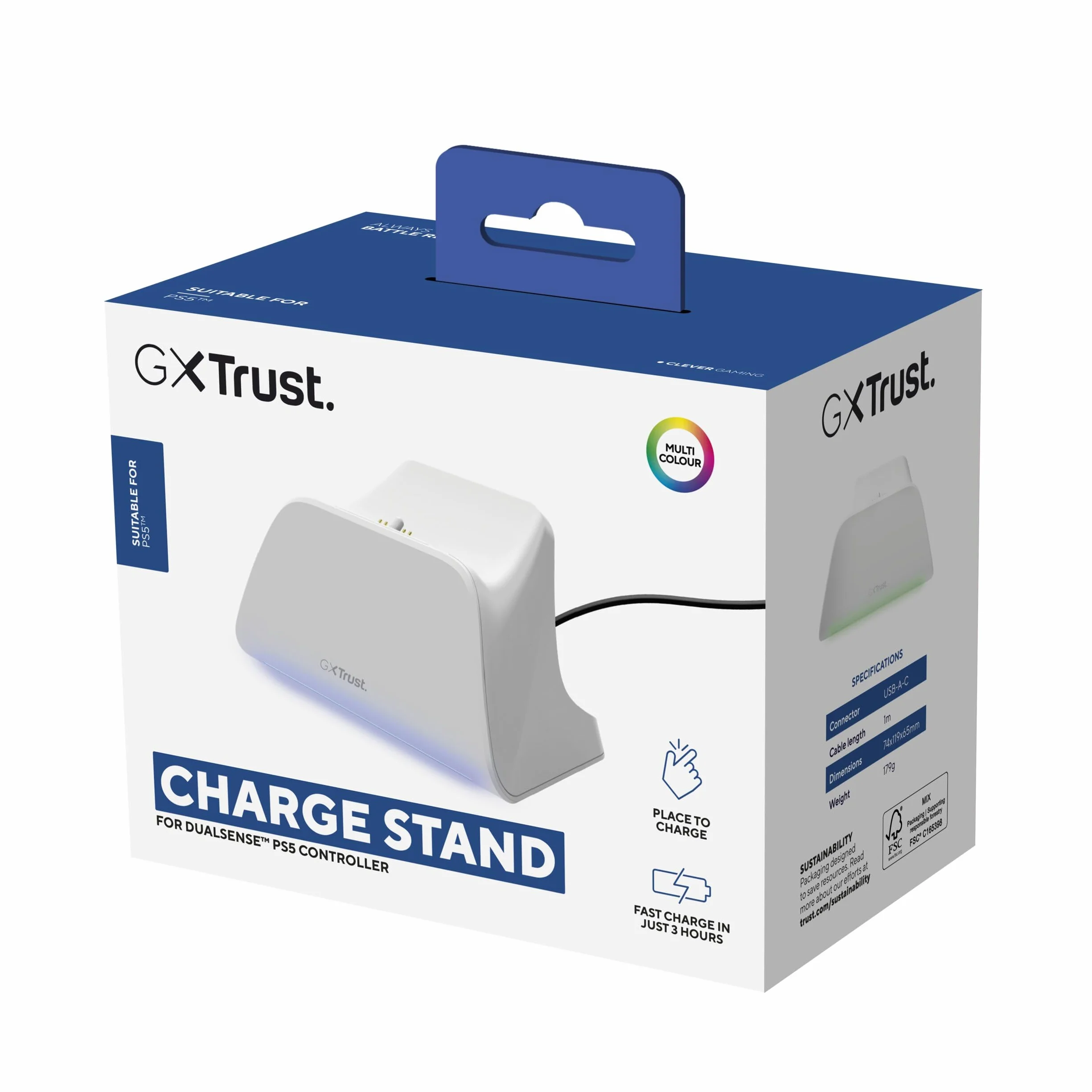 Trust GXT 255W PS5 stacja ładująca do kontrolera Dualsense, Playstation 5 LED z designerskim miejscem, szybkie ładowanie, antypoślizgowa podkładka, w zestawie kabel USB-C C, akcesoria PS5, biała
