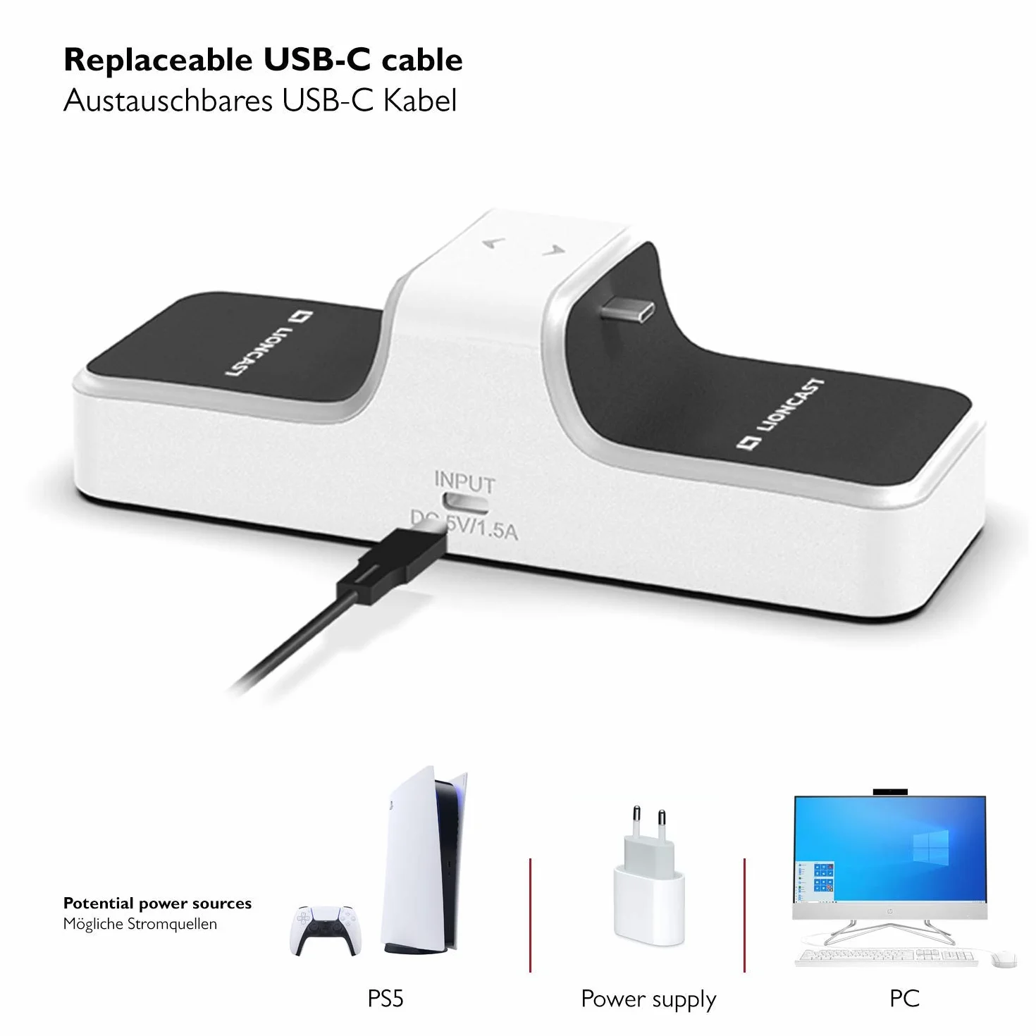 Stacja ładująca Lioncast PS5 z wyświetlaczem LED | PS5 Kontroler ładowarka do oryginalnej konsoli Sony PlayStation 5 | Akcesoria PS 5 | Bezprzewodowy kontroler DualSense