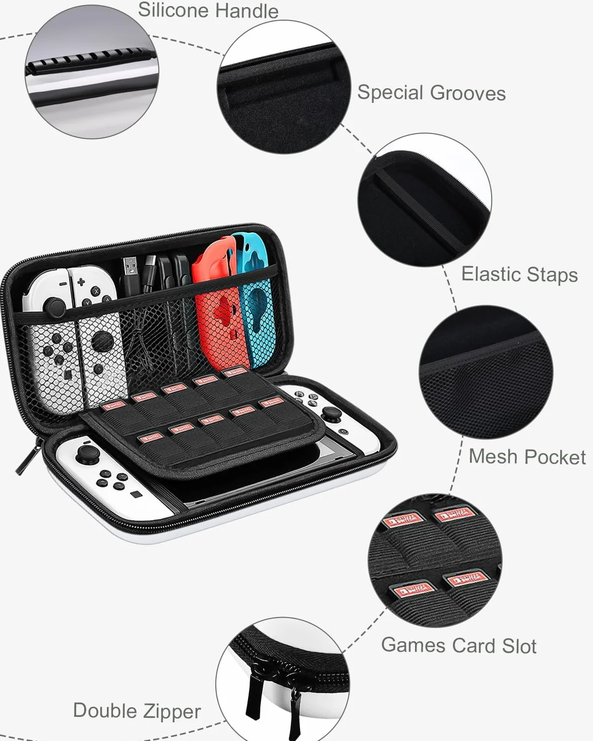 Etui do konsoli Nintendo Switch/Switch OLED Akcesoria, pokrowiec, twarda torba podróżna, pokrowiec ochronny z 10 kieszeniami na karty do gier i inne akcesoria (biały)