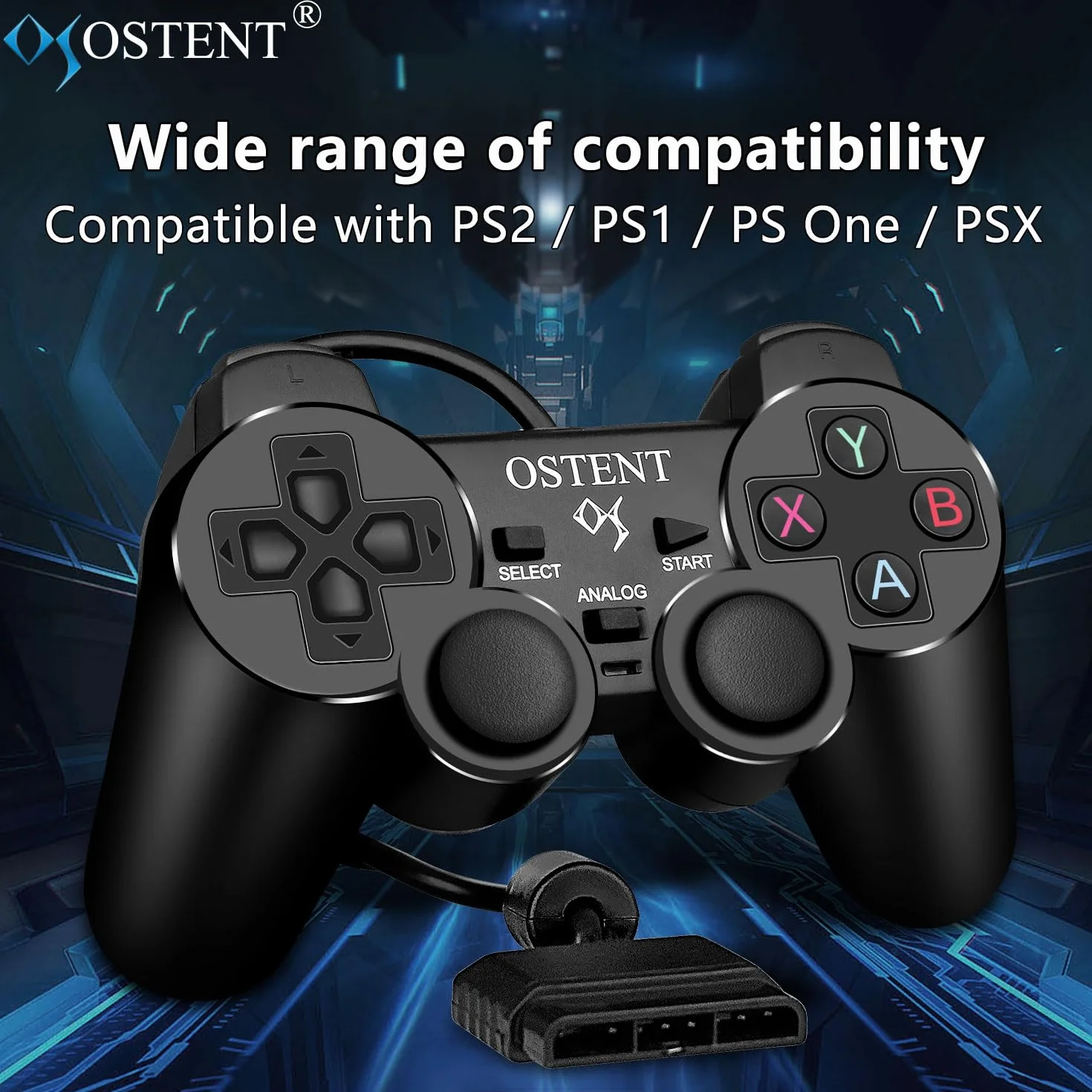 OSTENT Przewodowy Analogowy Kontroler Gamepad Joystick Joypad dla Konsoli Sony Playstation PS2 PS1 PS One PSX Dual Shock z funkcją wibracji do gier wideo