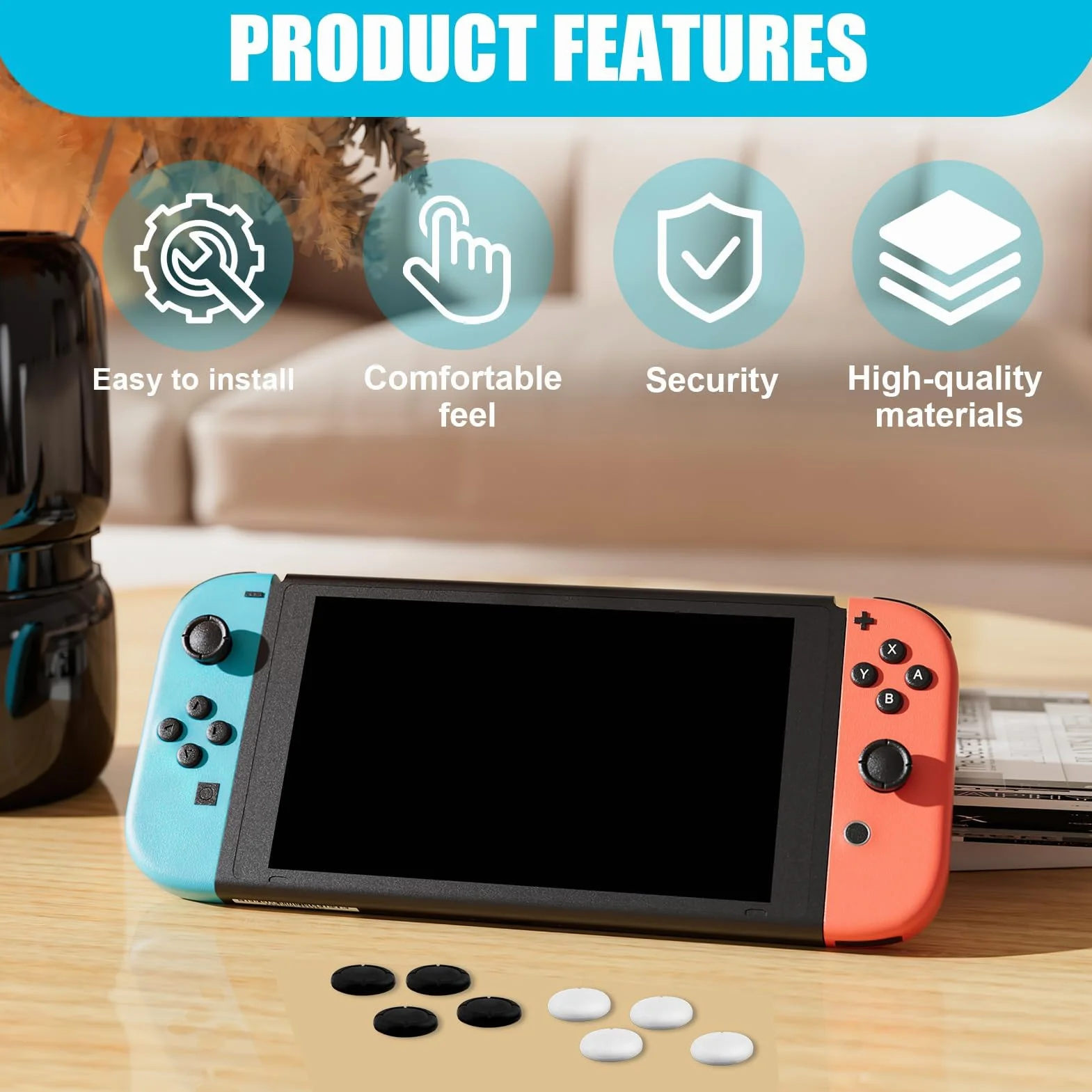 8 silikonowych nakładek ochronnych na kontroler Switch/Lite Analogowy uchwyt kciuka, uchwyty na kciuki, antypoślizgowe nakładki na joysticki 3D, czarno-białe