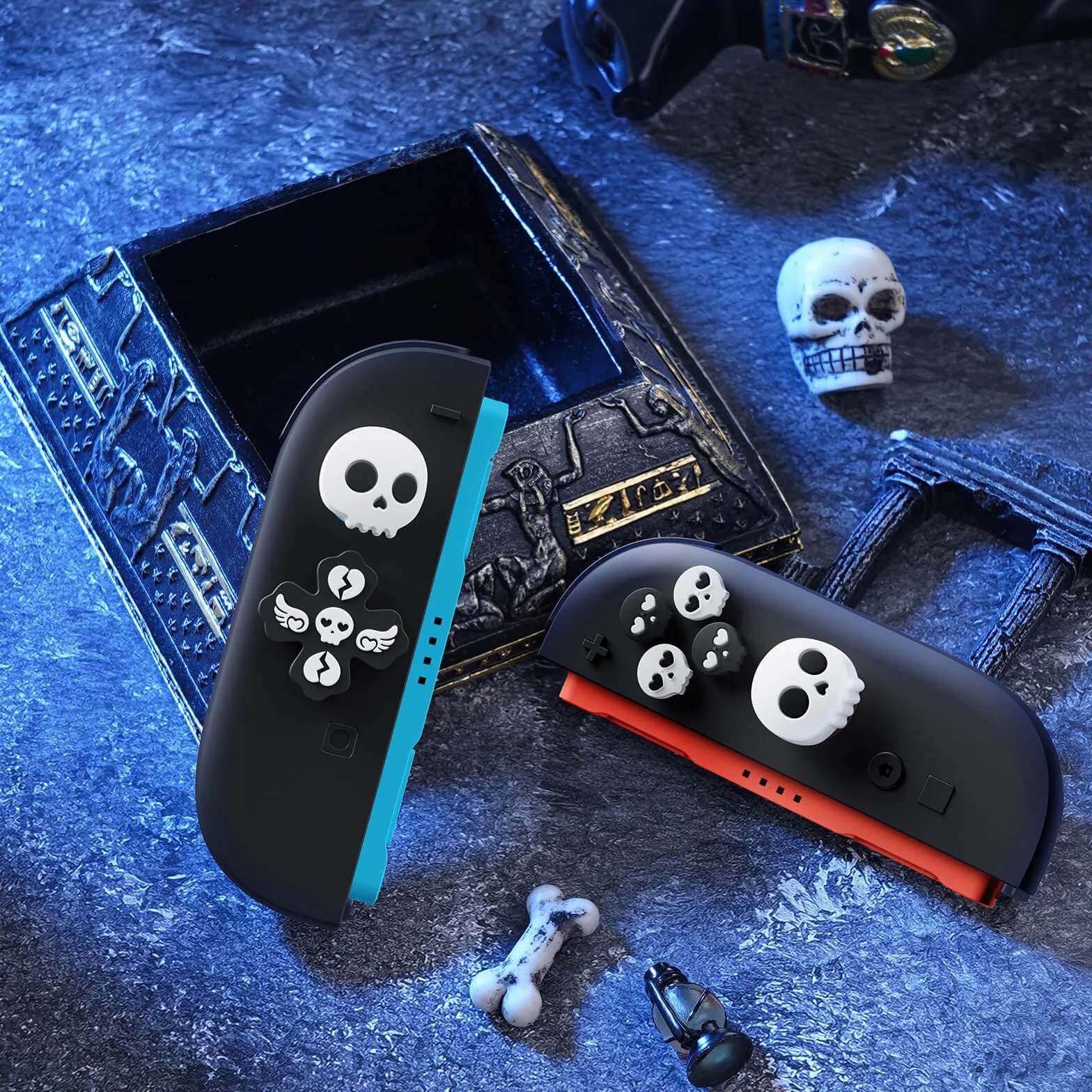 JEMDO Kształtki do joysticka Kompatybilne z Nintendo Switch 2 (2025) – zestaw 7 sztuk Skull Thumb Grips z silikonu, antypoślizgowe kształtki na smycz, przeznaczone do sterowania Joy-Con, kolor czarny