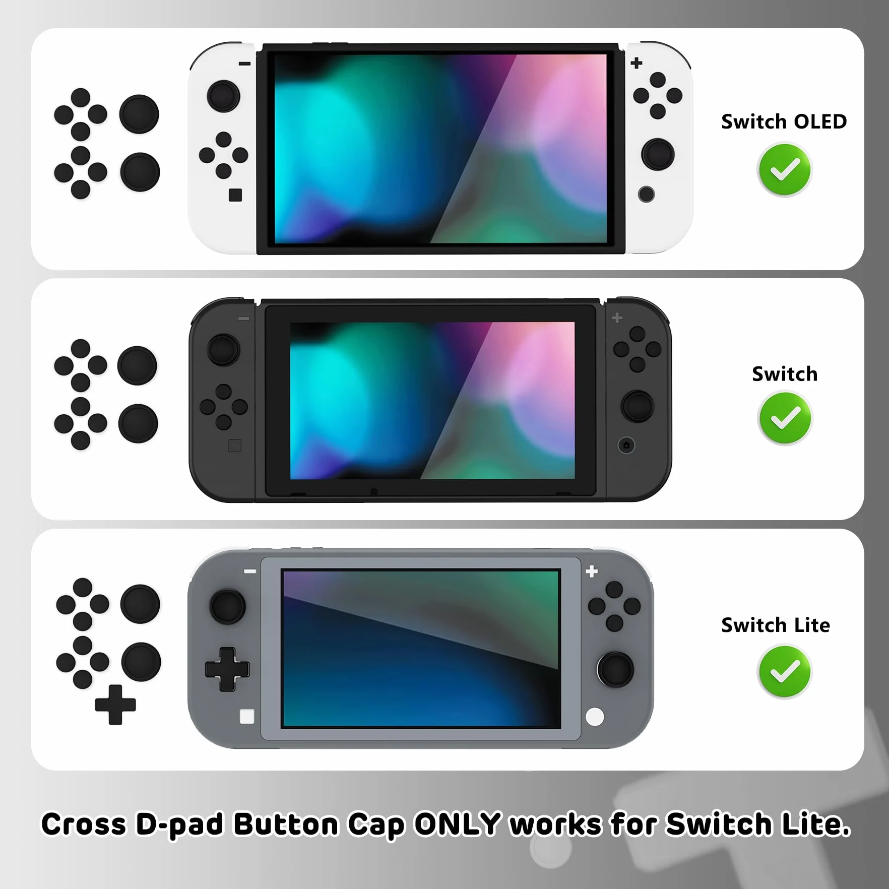 PlayVital Joystick Caps do Nintendo Switch/Lite/OLED Joycon Akcesoria,Ochrona Sticka Analogowego z Naklejkami na Przyciski ABXY i Pokrywą D-Pad w Kształcie Krzyża-Czarny