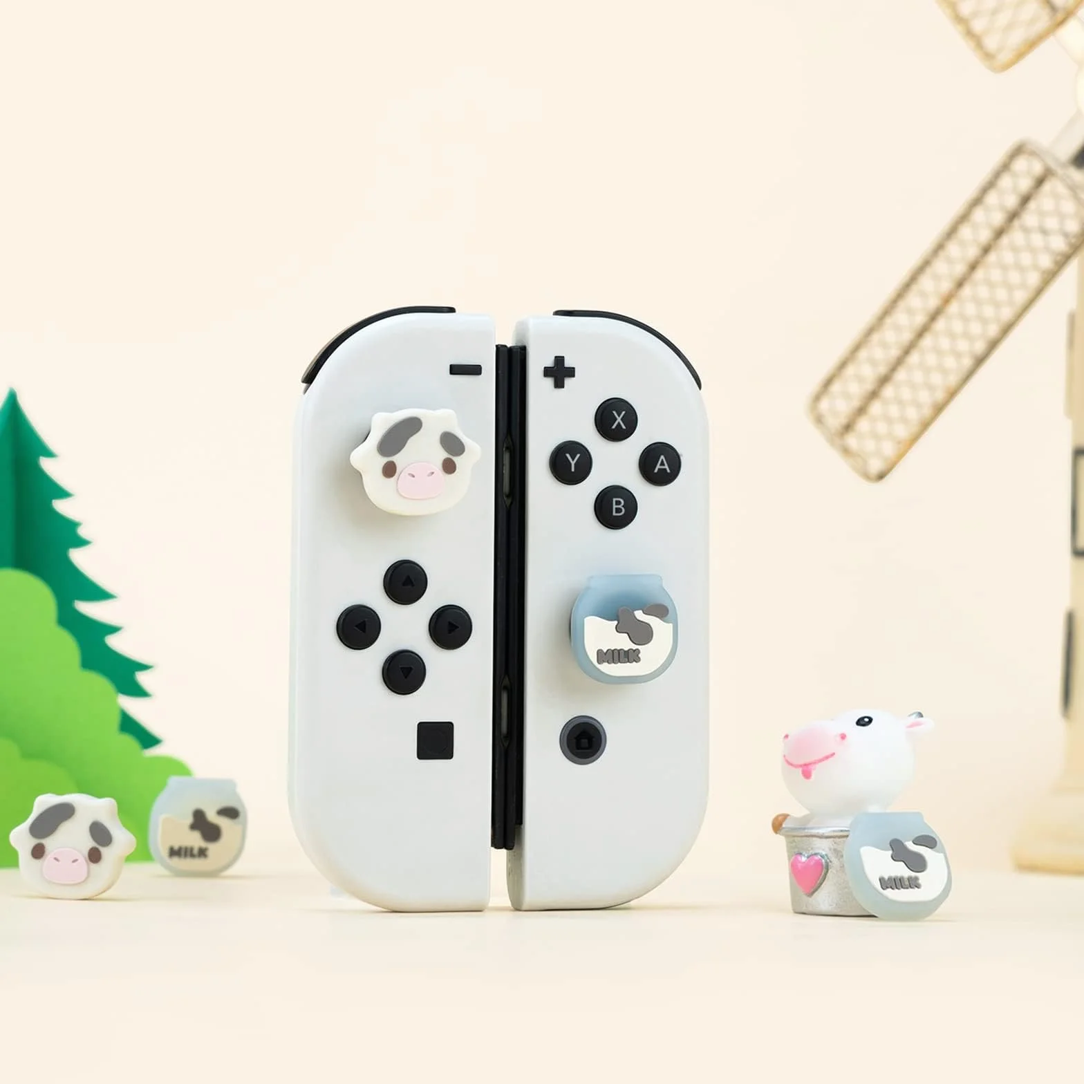 GeekShare Śliczne silikonowe nakładki na kciuki joystick, osłona joysticka kompatybilna z Switch/OLED/Switch Lite, 4 sztuki - Dairy Cow