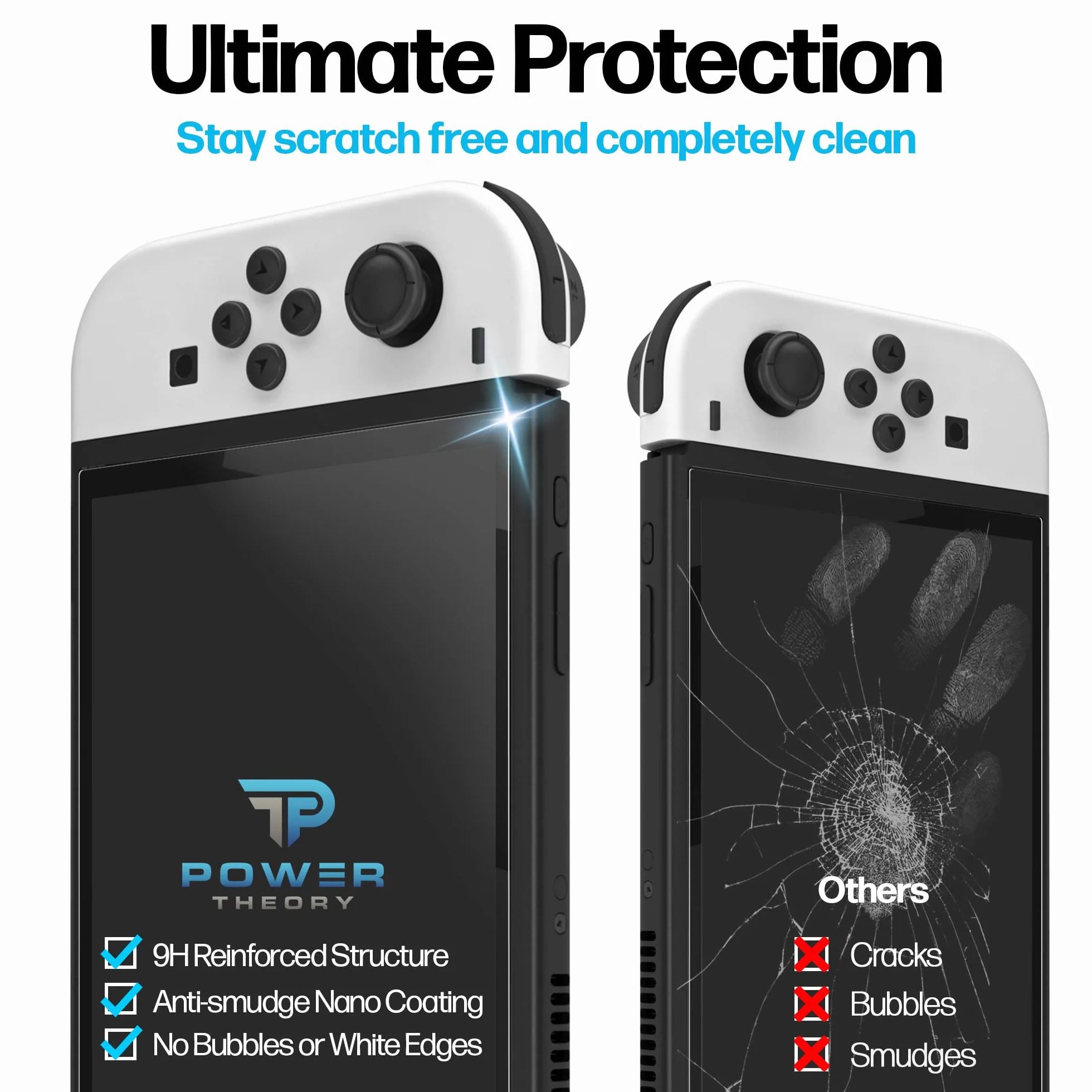 Power Theory Szkło ochronne do Nintendo Switch OLED 2021 folia ochronna - szklana ochrona wyświetlacza z szablonem, folia ochronna na wyświetlacz, folia szklana z pomocą do mocowania [2 sztuki]