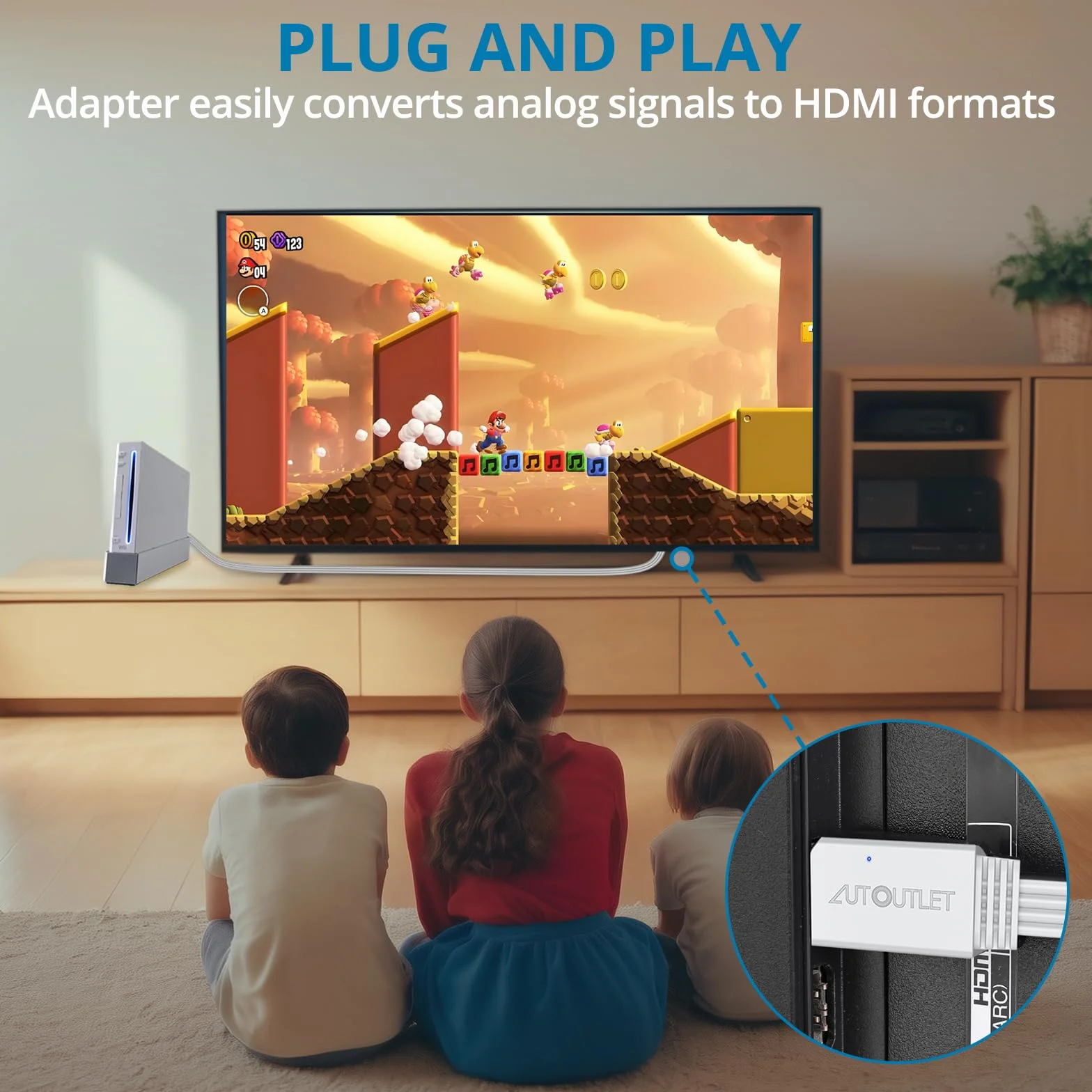 AUTOUTLET Adapter Wii do HDMI, 1080P/720P Konwerter Wii na HDMI, długość kabla 150 cm, obsługuje wszystkie tryby wyświetlania Wii, do telewizora HD i monitora, kolor biały