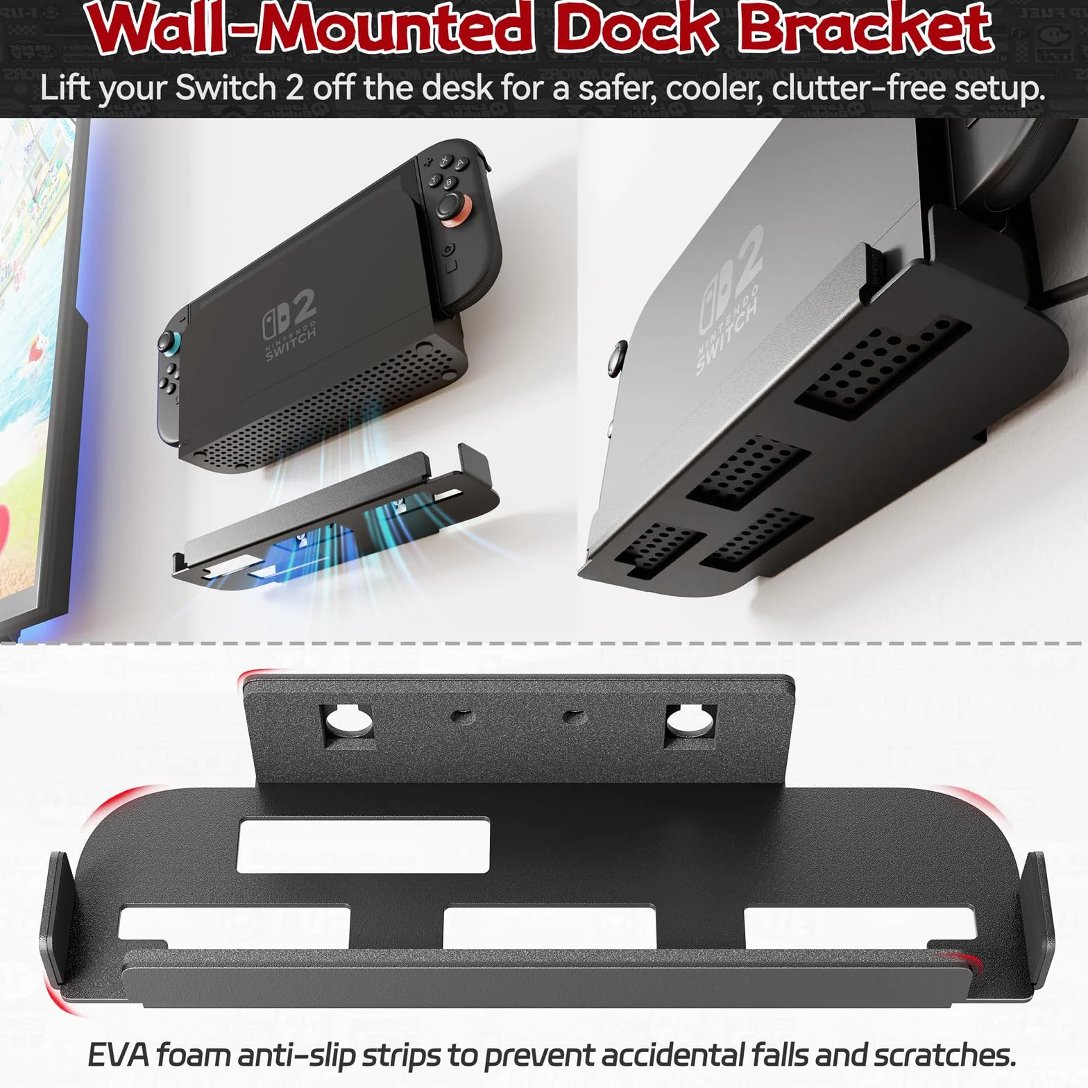 sciuU Uchwyt ścienny kompatybilny z Nintendo Switch 2 Dock – 1,5 mm stal nierdzewna 1,5 mm stal nierdzewna, odporny na zarysowania lakier proszkowy, otwarty wentylacja do odprowadzania ciepła