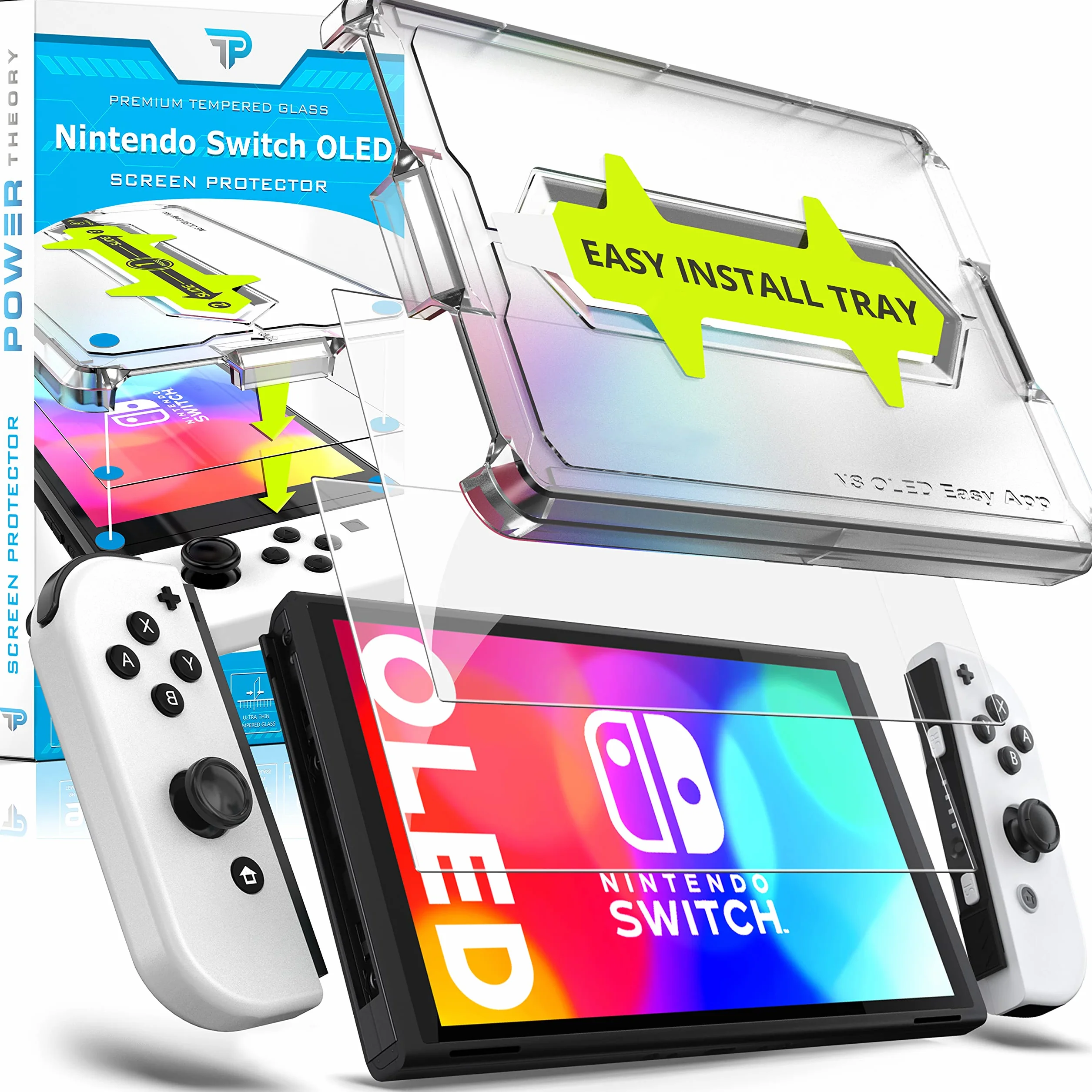 Power Theory Szkło ochronne do Nintendo Switch OLED 2021 folia ochronna - szklana ochrona wyświetlacza z szablonem, folia ochronna na wyświetlacz, folia szklana z pomocą do mocowania [2 sztuki]