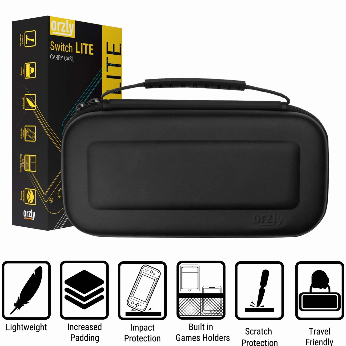Orzly Torba do przenoszenia Nintendo Switch Lite (model 2019), twarda obudowa, przenośna torba podróżna z miejscem do przechowywania akcesoriów i nabojów do gier, czarny