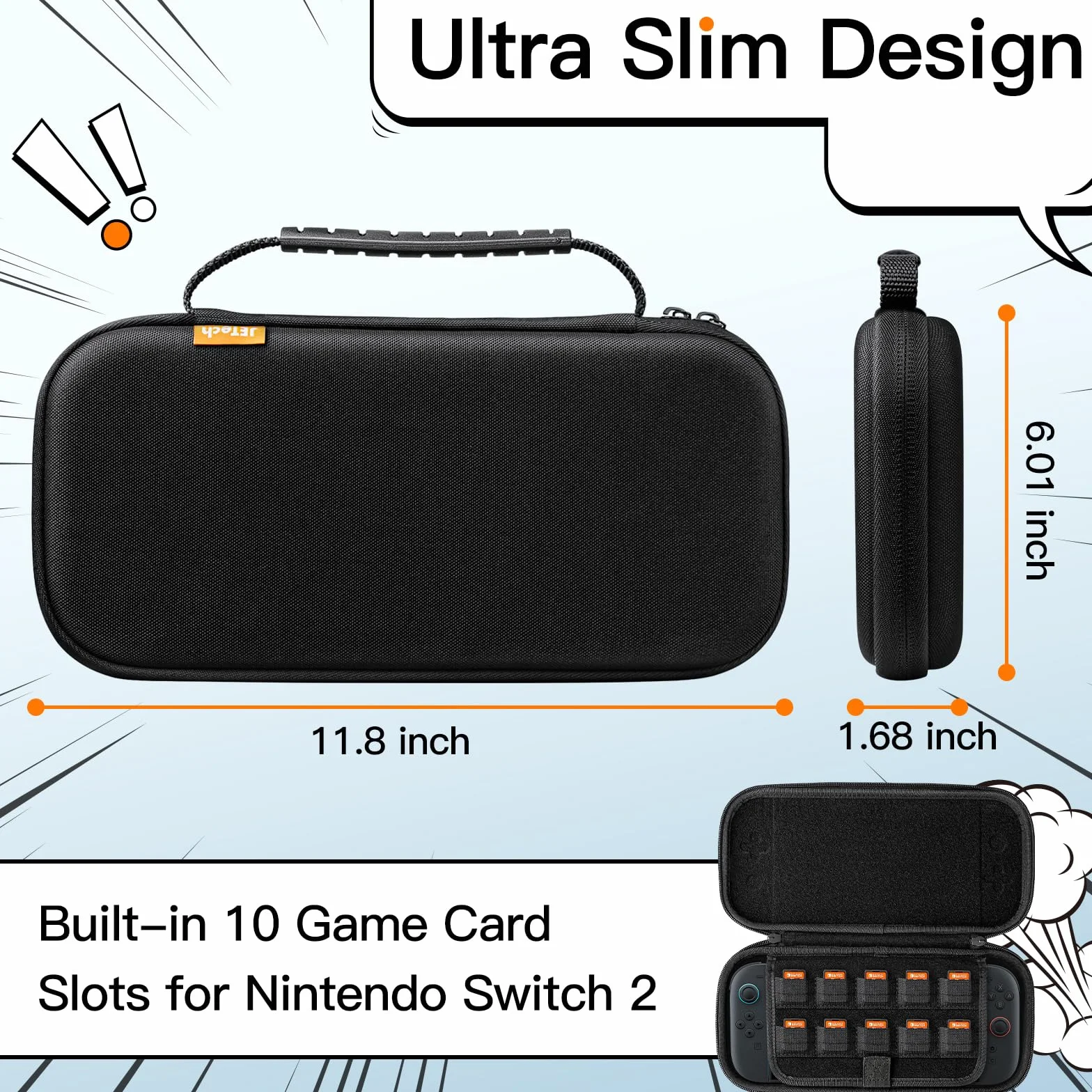JETech Szczupły Transportowe Etui dla Nintendo Switch 2 (2025) 7,9 Cala, Twarda Powłoka Przenośna Torba Podróżna z 10 Miejsc na Karty do Gry, Lekka Antyzarysowaniowa Ochrona (Czarny)