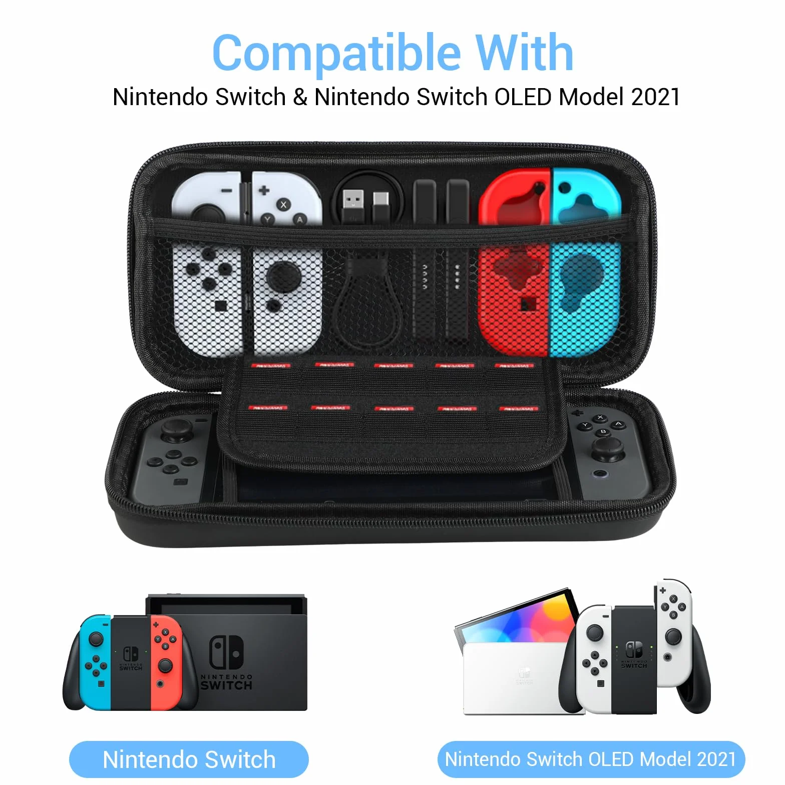 Etui na Switch - Kompatybilne z Nintendo Switch/Nintendo Switch OLED - Twarda Walizka Transportowa - Z 10 Przegródkami na Karty Gry i Dodatkową Kieszenią na Akcesoria