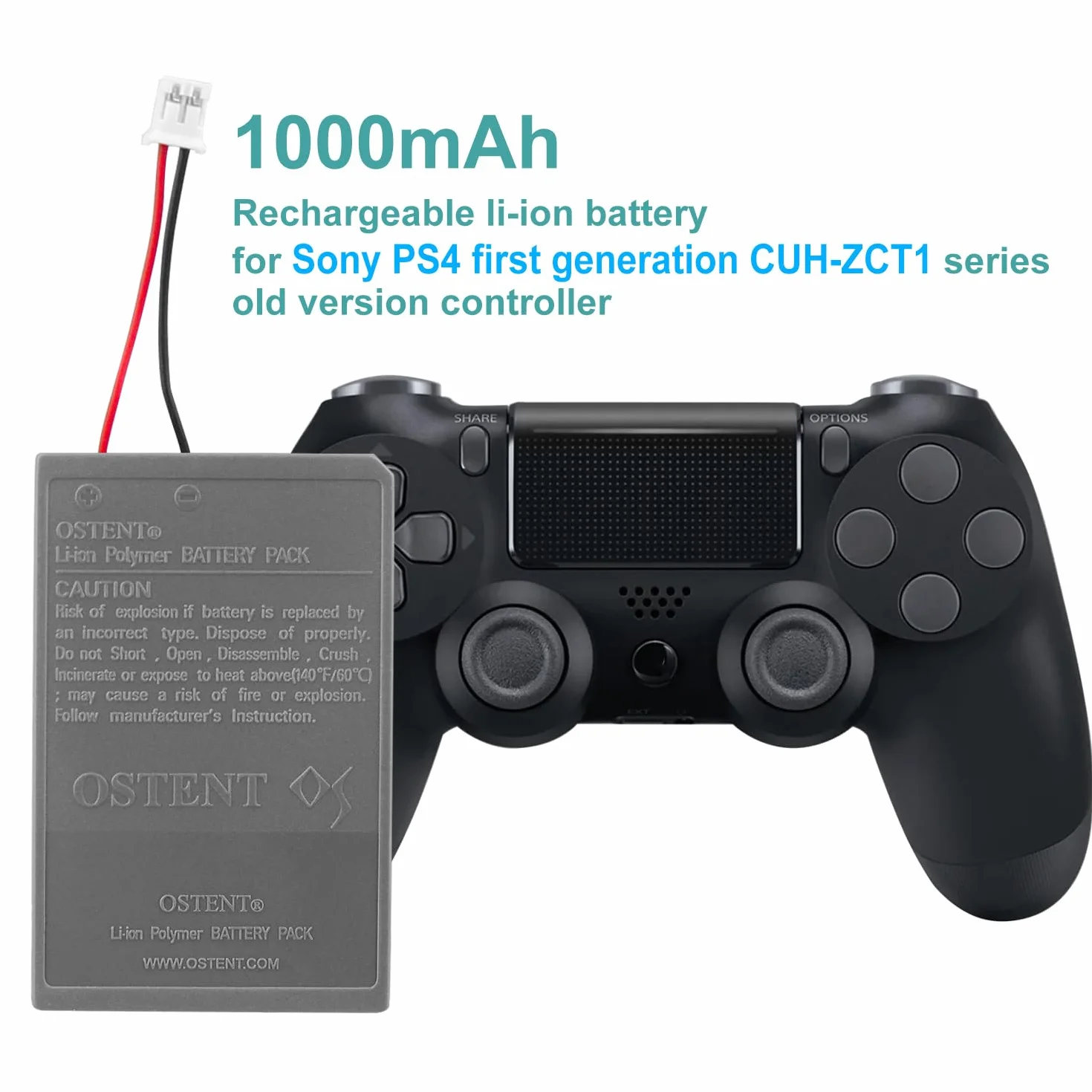 OSTENT 1000 mAh 3,65 V 3,7Wh Akumulator litowo-jonowy do Sony PS4 Oryginalny CUH-ZCT1 Dual Shock Bezprzewodowy gamepad Bluetooth Pierwsza generacja Starsza wersja Duże złącze