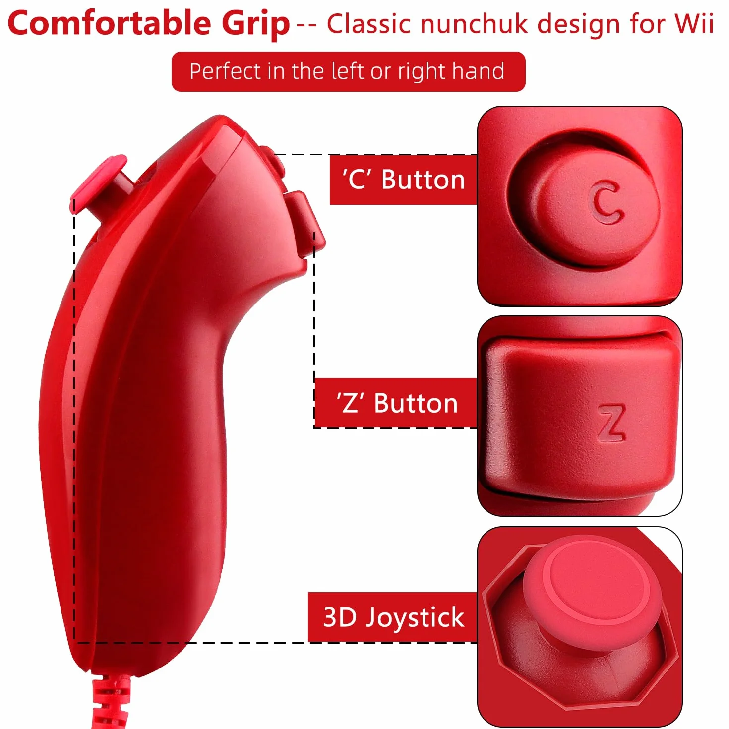 OSTENT Przewodowy Kontroler Nunchuck Oparty na Ruchu do Konsoli Nintendo Wii - Kolor Czerwony