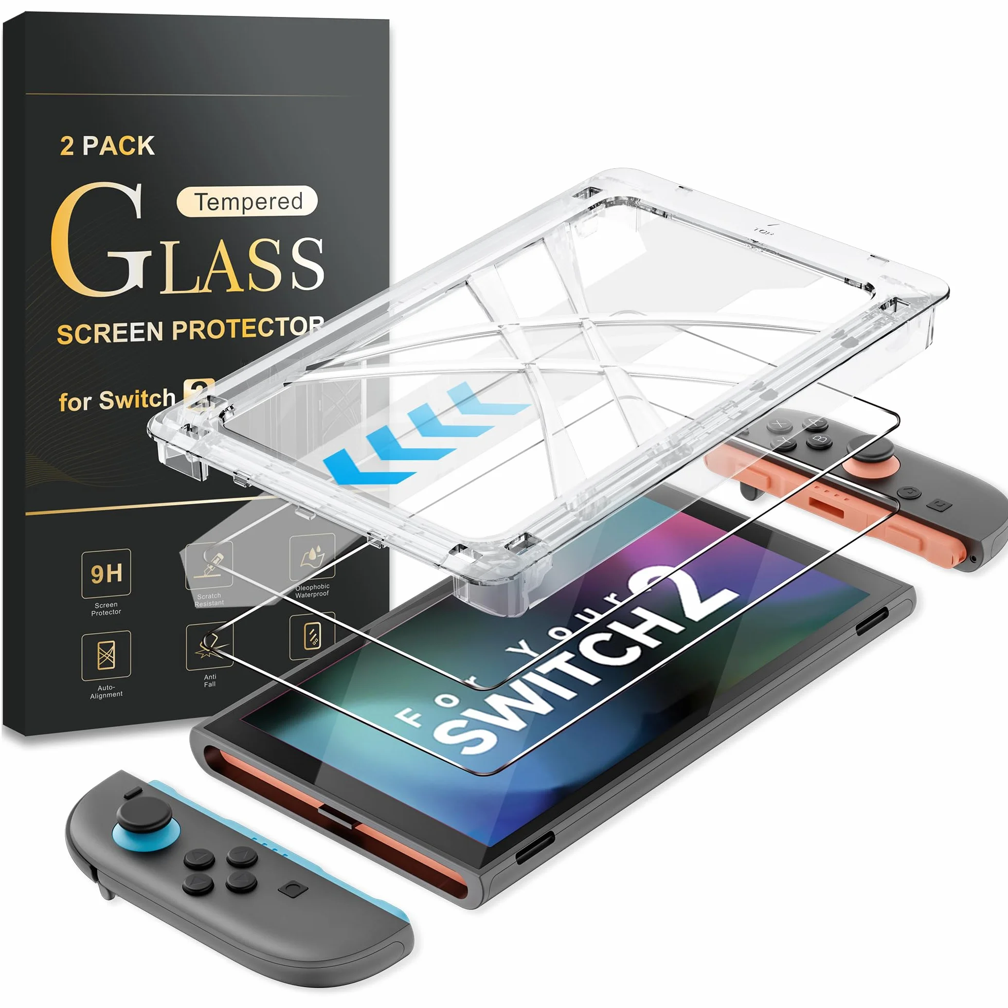 Osłona ekranu ze szkła hartowanego do Nintendo Switch 2 2025, Switch 2 akcesoria z systemem automatycznego wyrównania OneTouch, bez pęcherzyków powietrza, twardość 9H, odporna na zarysowania, odciski