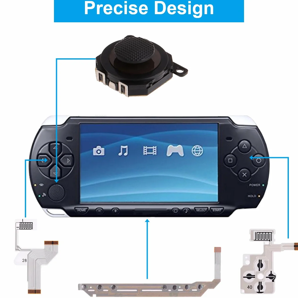 ZHUROUPU Zamiennik analogowego joysticka 3D i nakładka na kciuk do Sony do PSP 1000 1001, akcesoria, kierunek, przycisk krzyżowy, lewy klawisz, głośność, prawa, klawiatura, elastyczny kabel