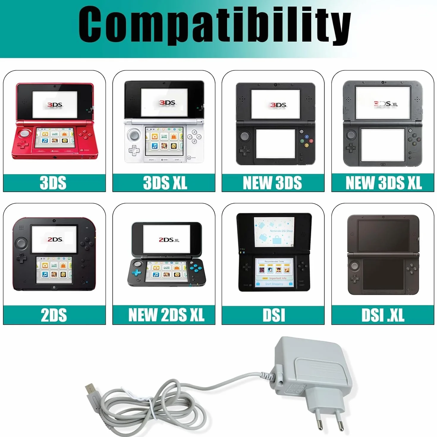 Ładowarka kompatybilna z konsolami 3DS/3DS XL/2DS/2DS XL/DSi/DSi XL/New 3DS | Zasilacz zasilacza USB