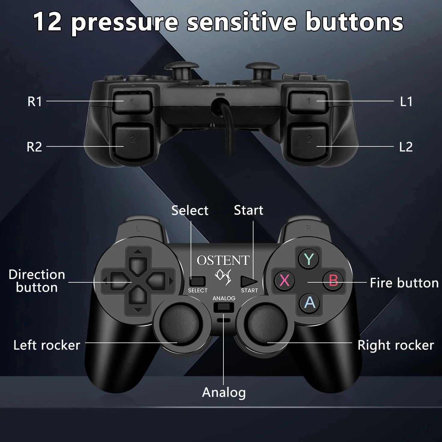 OSTENT Przewodowy Analogowy Kontroler Gamepad Joystick Joypad dla Konsoli Sony Playstation PS2 PS1 PS One PSX Dual Shock z funkcją wibracji do gier wideo