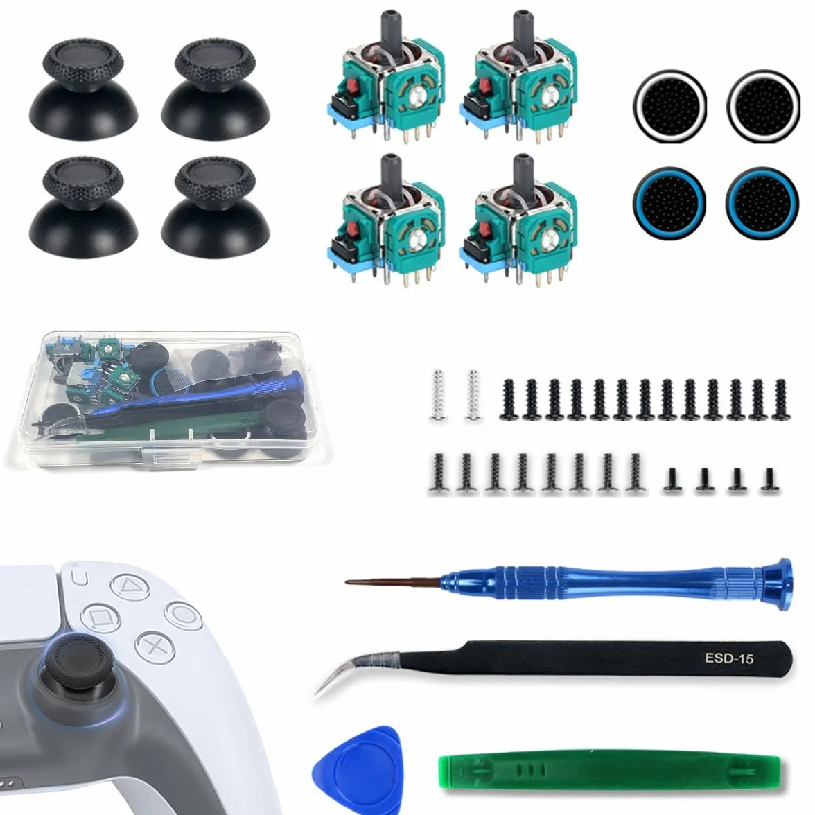 Hall Effekt Sticks kompatybilne z Play Station 5 PS5, elektromagnetyczny joystick zamiennik z 4 nakładkami na kciuk, zamiennik trymera, potencjometru, zestaw czujników, zestaw wymienny