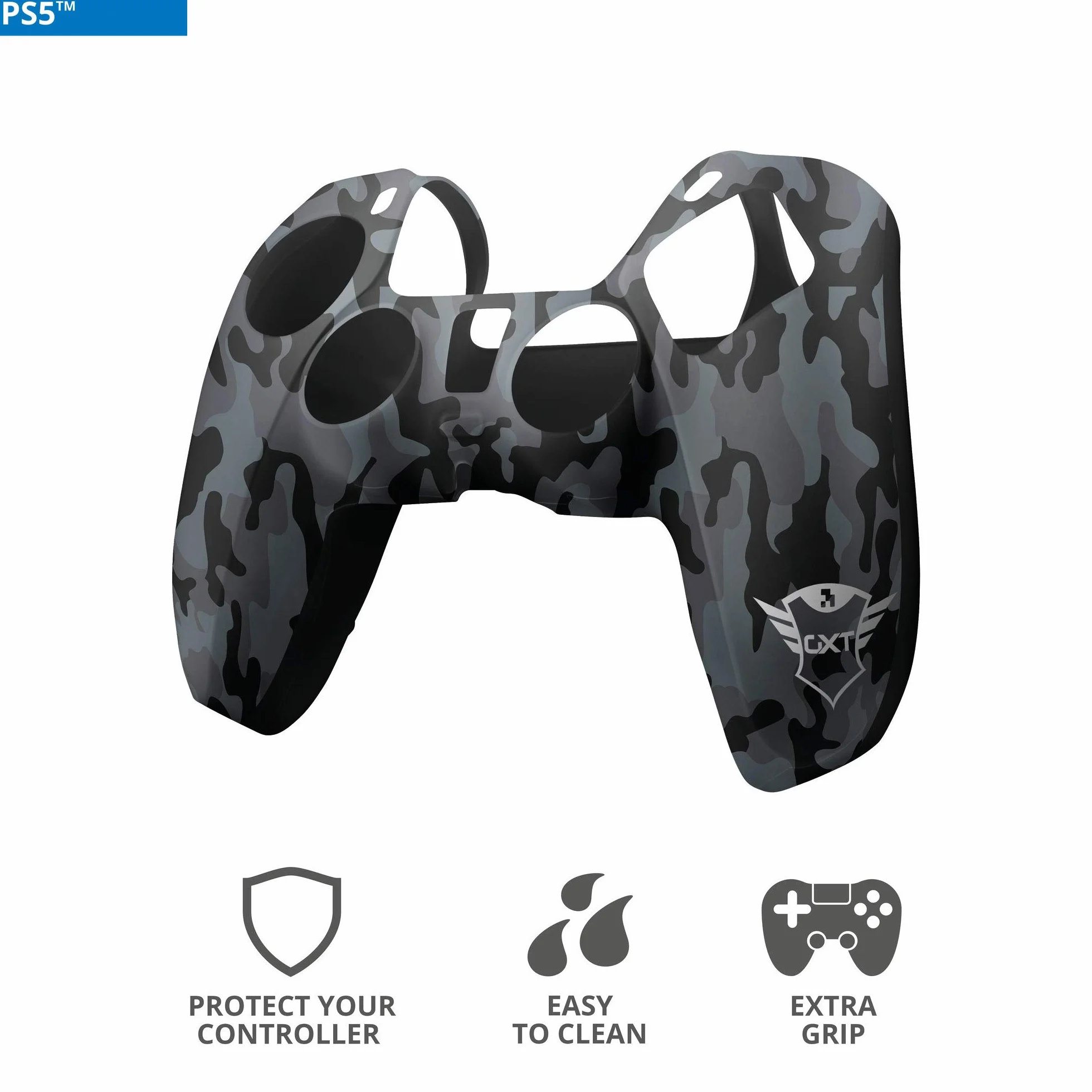 Trust Gaming GXT 748 PS5 skórka kontrolera, antypoślizgowa silikonowa osłona do bezprzewodowego kontrolera DualSense PlayStation 5, akcesoria ochronne do gamepada - czarny kamuflaż