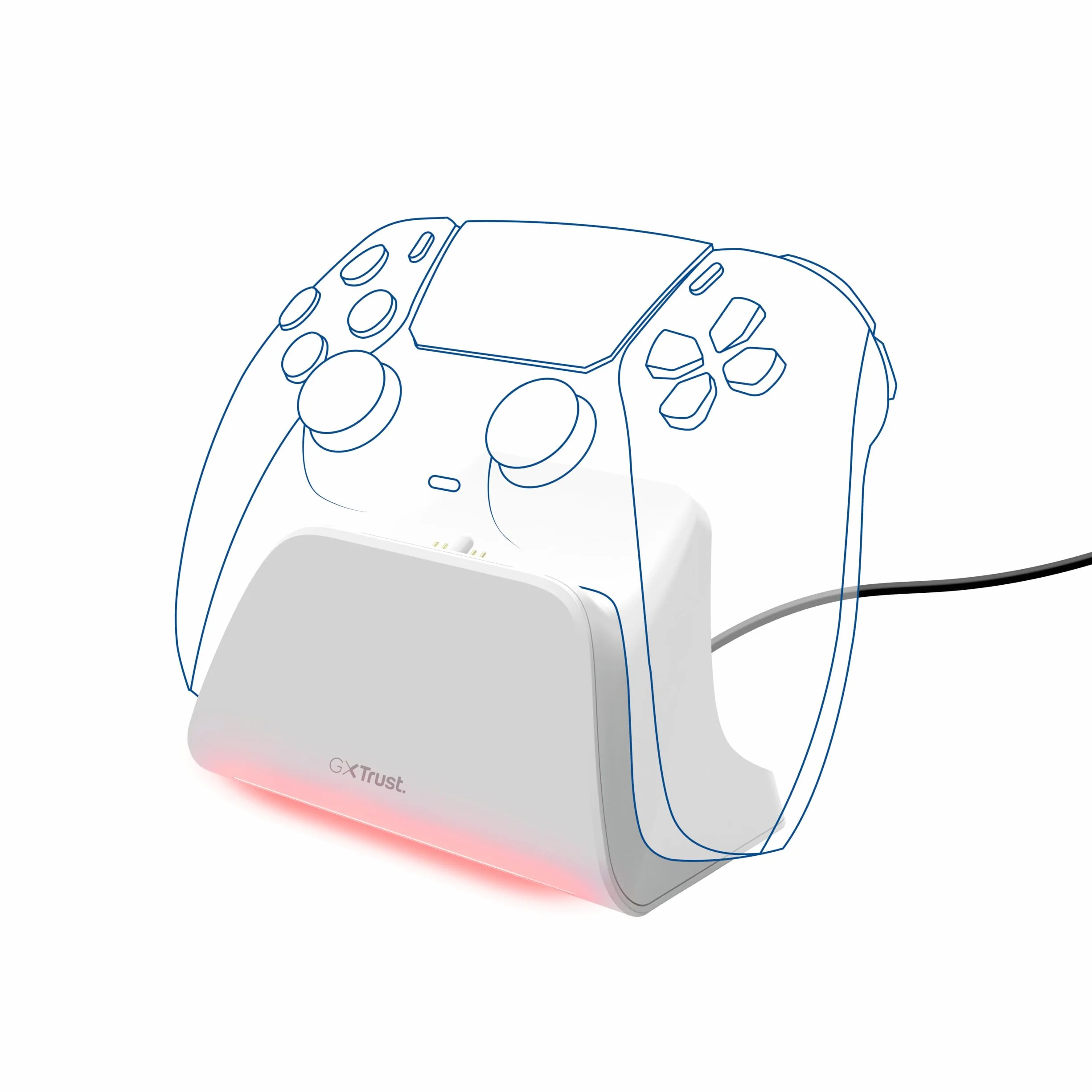 Trust GXT 255W PS5 stacja ładująca do kontrolera Dualsense, Playstation 5 LED z designerskim miejscem, szybkie ładowanie, antypoślizgowa podkładka, w zestawie kabel USB-C C, akcesoria PS5, biała