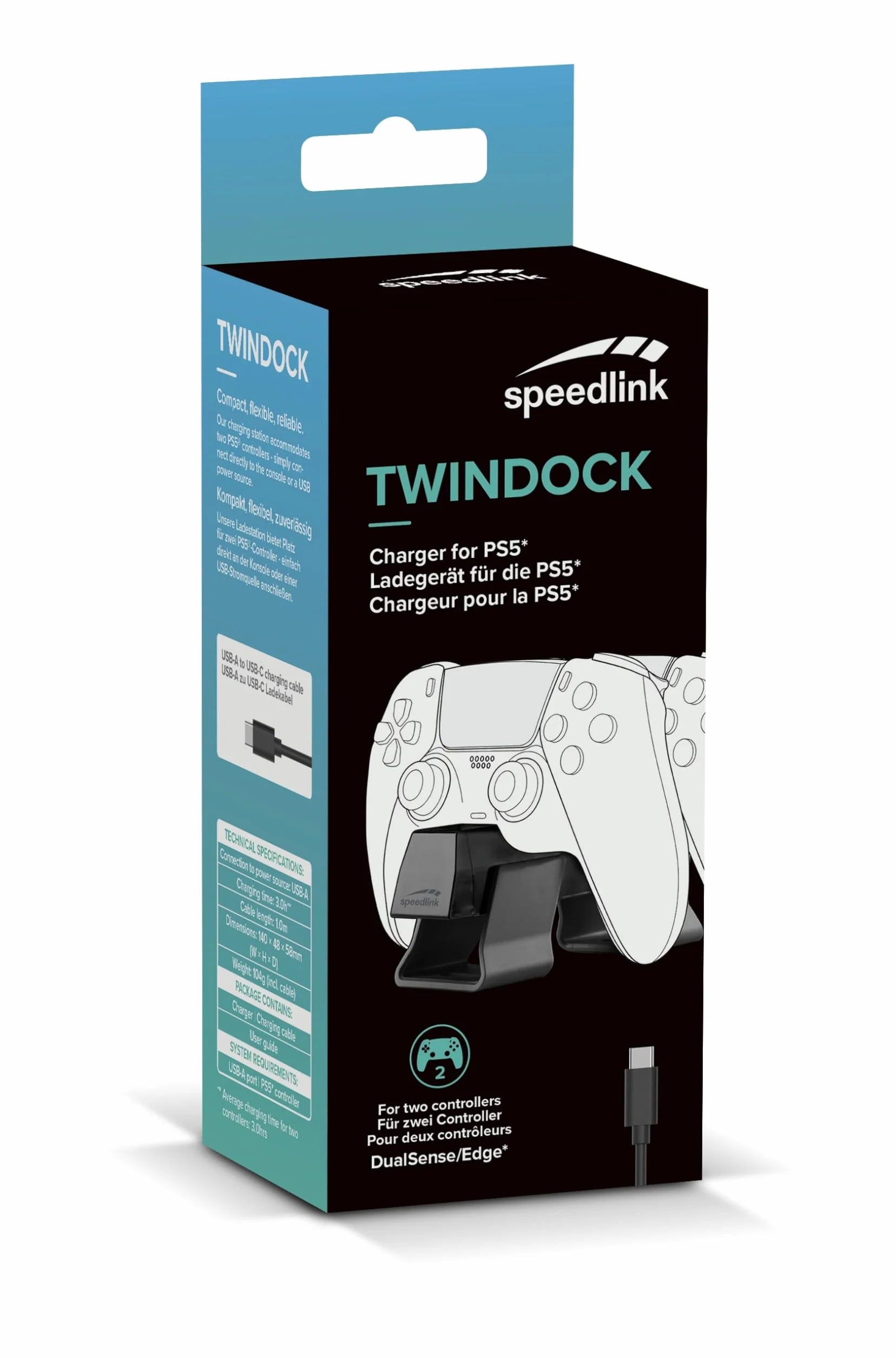 Speedlink Ładowarka USB TWINDOCK - stacja ładująca do kontrolerów PS5, do dwóch oryginalnych kontrolerów PS5 jednocześnie, funkcja szybkiego ładowania, kompatybilna z DualSense, czarna