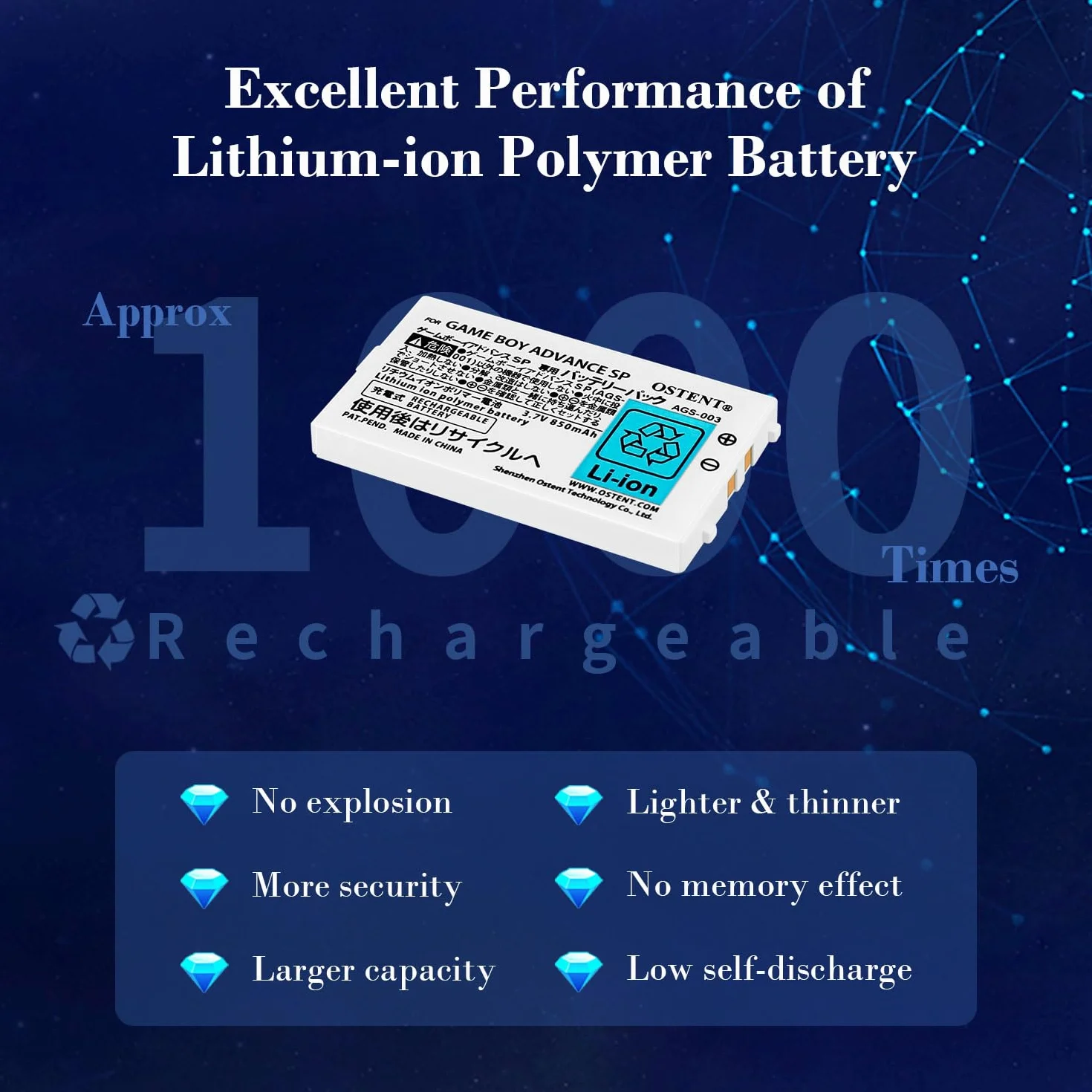 OSTENT 850 mAh akumulator litowo-jonowy do ponownego ładowania + zestaw narzędzi do konsoli Nintendo Game Boy Advanced GBA SP