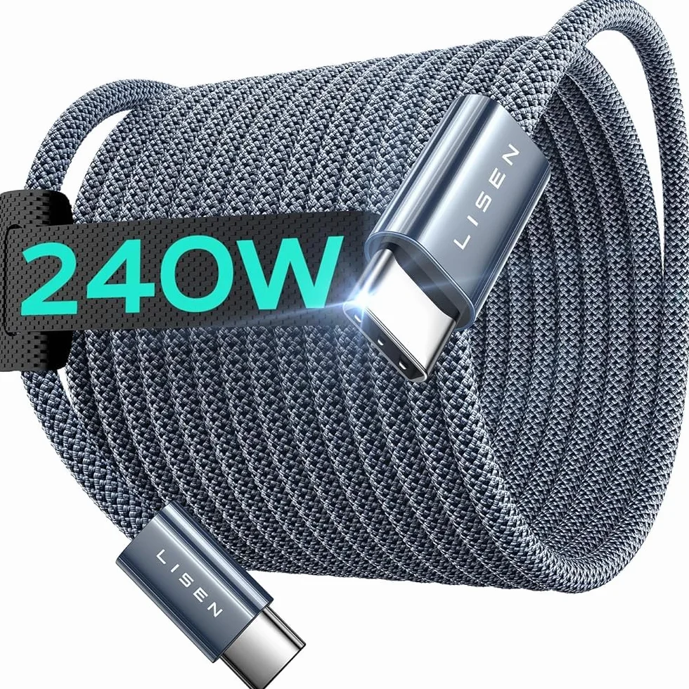 LISEN 240W 2M USB C na USB C Kabel USB-C Nylonowy Kabel do szybkiego ładowania iPhone 16 Pro Max 15/MacBooka/iPada/Samsung Galaxy S25 Ultra S24/S23, Szary
