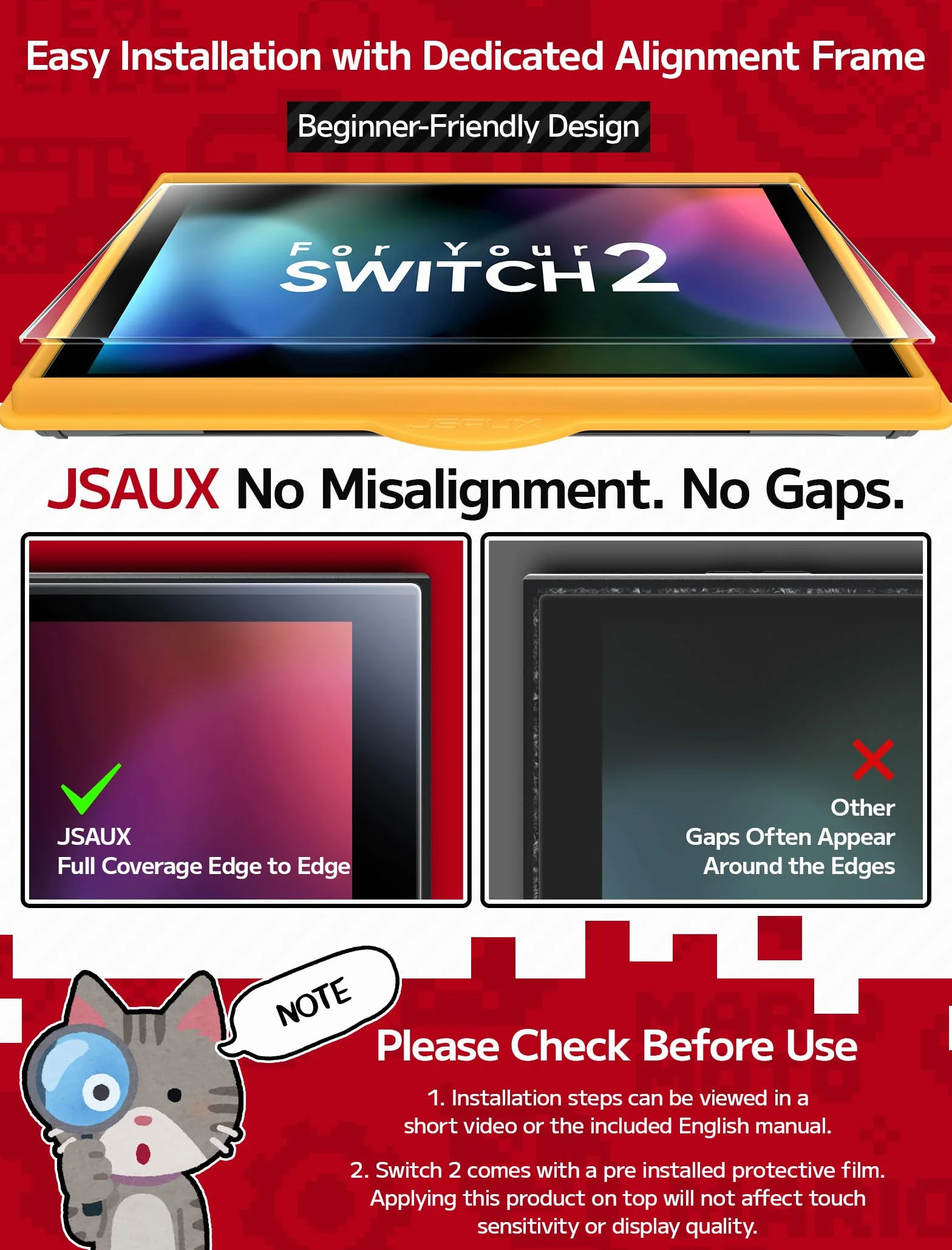 JSAUX 2-pak antyodblaskowych ochraniaczy ekranu kompatybilny z Nintendo Switch 2, matowa szklana osłona o twardości 9H, łatwa w instalacji, z ramką prowadzącą, odporne na zarysowania szkło hartowane