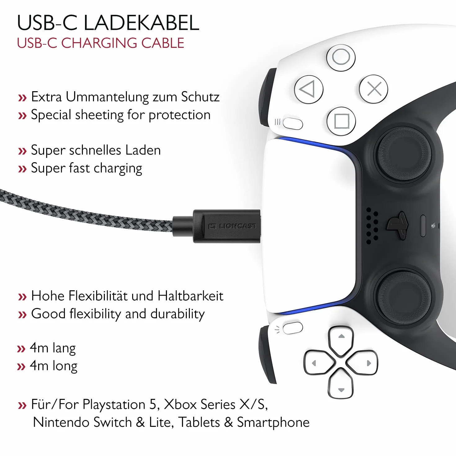 Kabel ładujący Lioncast do Xbox/PS5 4m Kabel szybkiego ładowania do Xbox Series S (XSS) /Xbox Series X (XSX) i Sony PlayStation 5, PS 5 Kabel kontrolera do kontrolera Dualsense z nylonową kurtką