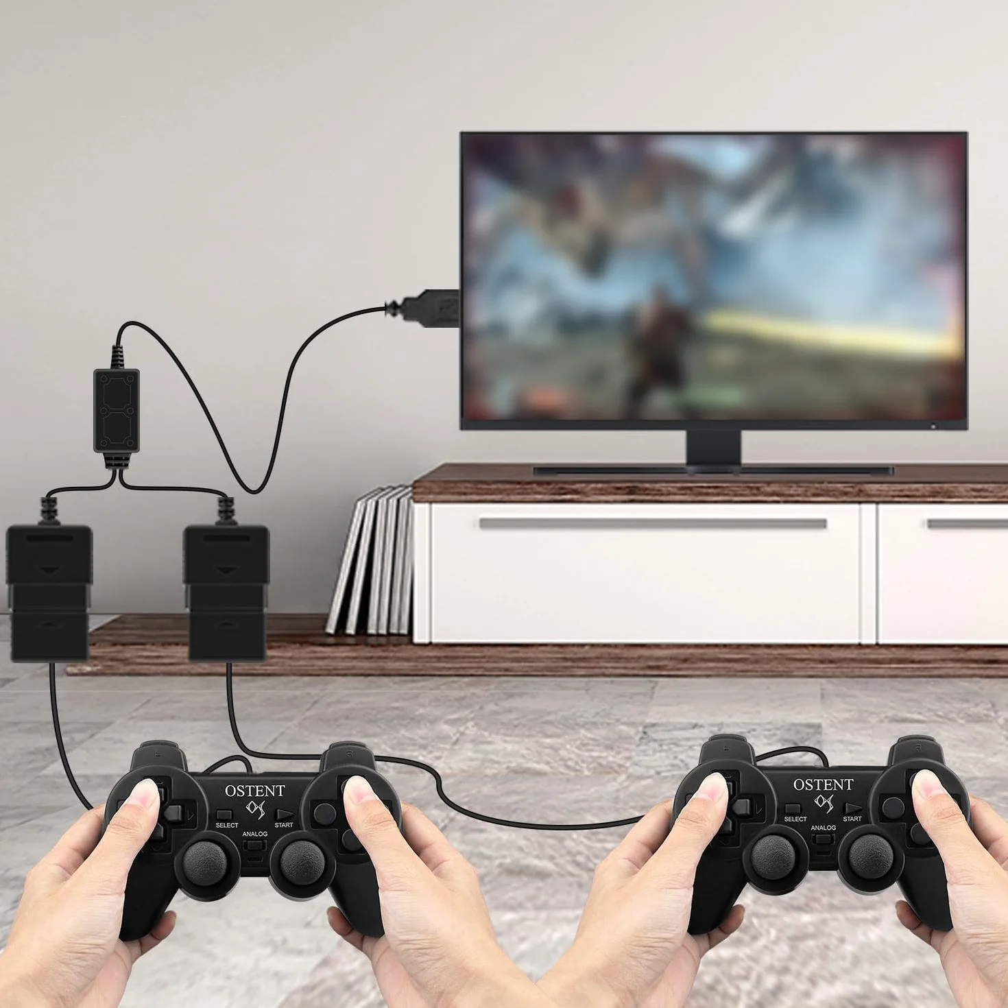 OSTENT Przejściówka USB, kabel przejściowy dla przewodowego kontrolera Sony PS1 PS2 Gamepad Joystick do PC - Kolor Czarny