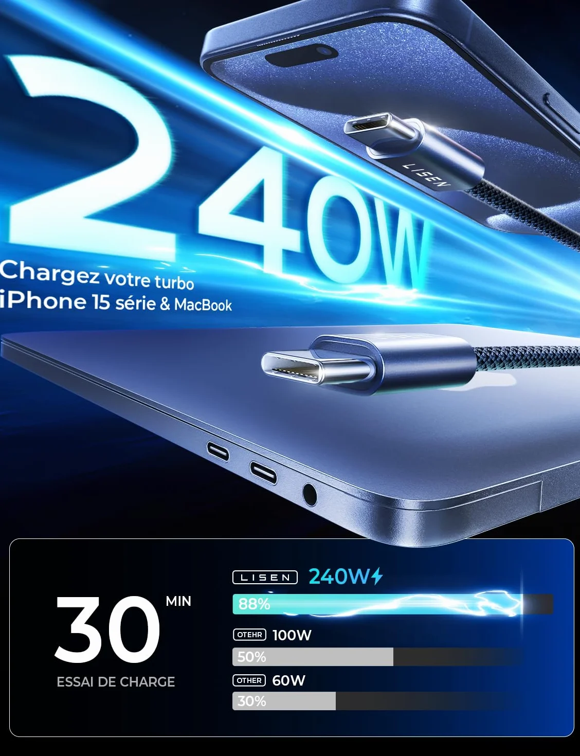 LISEN 240W 2M USB C na USB C Kabel USB-C Nylonowy Kabel do szybkiego ładowania iPhone 16 Pro Max 15/MacBooka/iPada/Samsung Galaxy S25 Ultra S24/S23, Szary